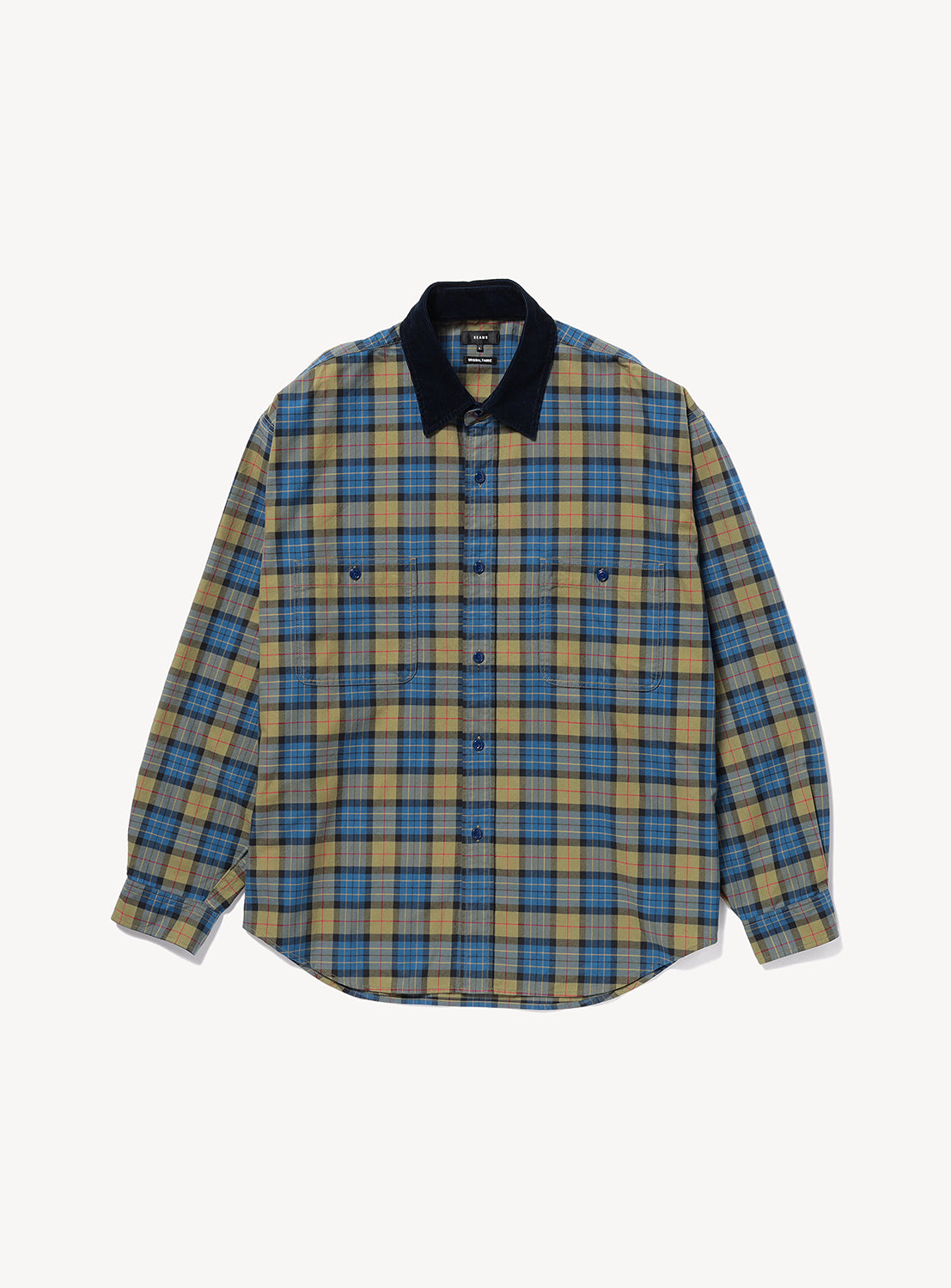 BEAMS Classic Check Work Shirt: a long-sleeved button-down in a blue, green, and red vintage check pattern with a solid dark-colored corduroy collar and two chest pockets.