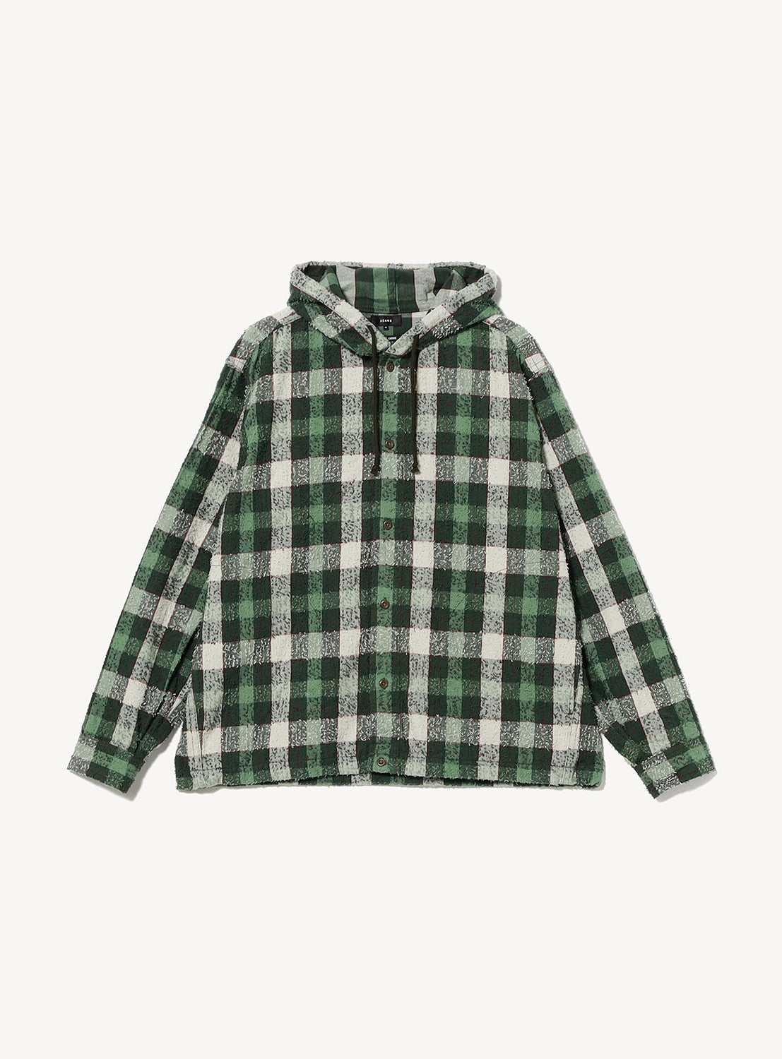 BEAMS Bouclé Flannel Hooded Shirt in a green and white textured check pattern with a front button placket.