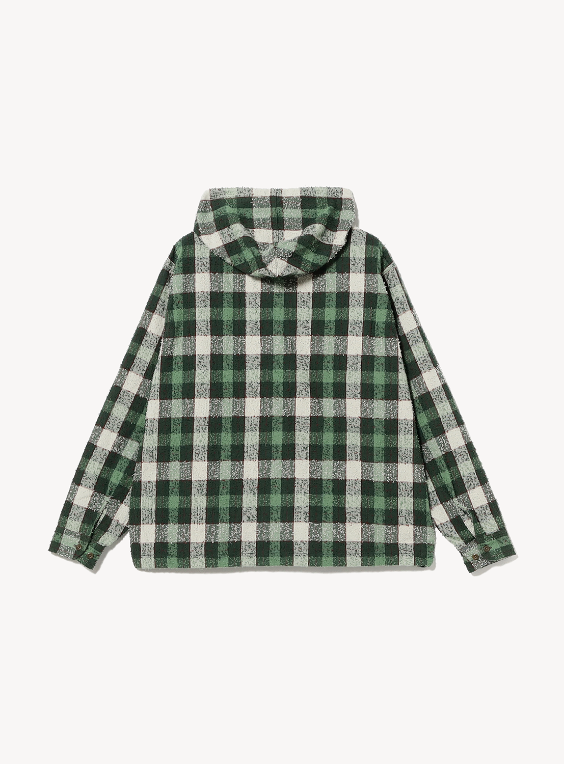 Back view of a BEAMS Bouclé Flannel Hooded Shirt featuring a vintage-inspired green, black, and white textured check pattern.