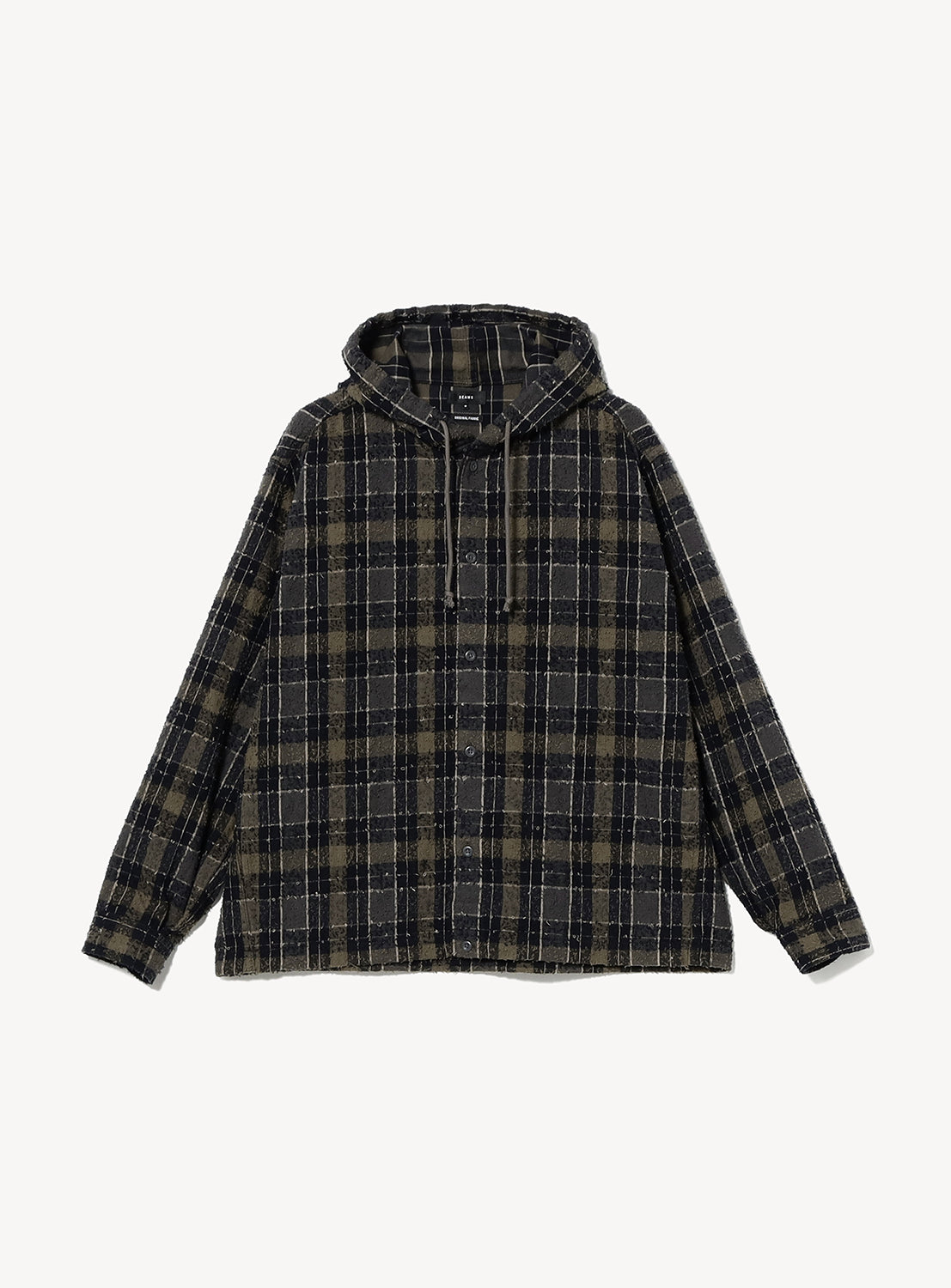 BEAMS Bouclé Flannel Hooded Shirt in a vintage-inspired dark olive and black plaid pattern, featuring long sleeves, a button-up front, and a drawstring hood.