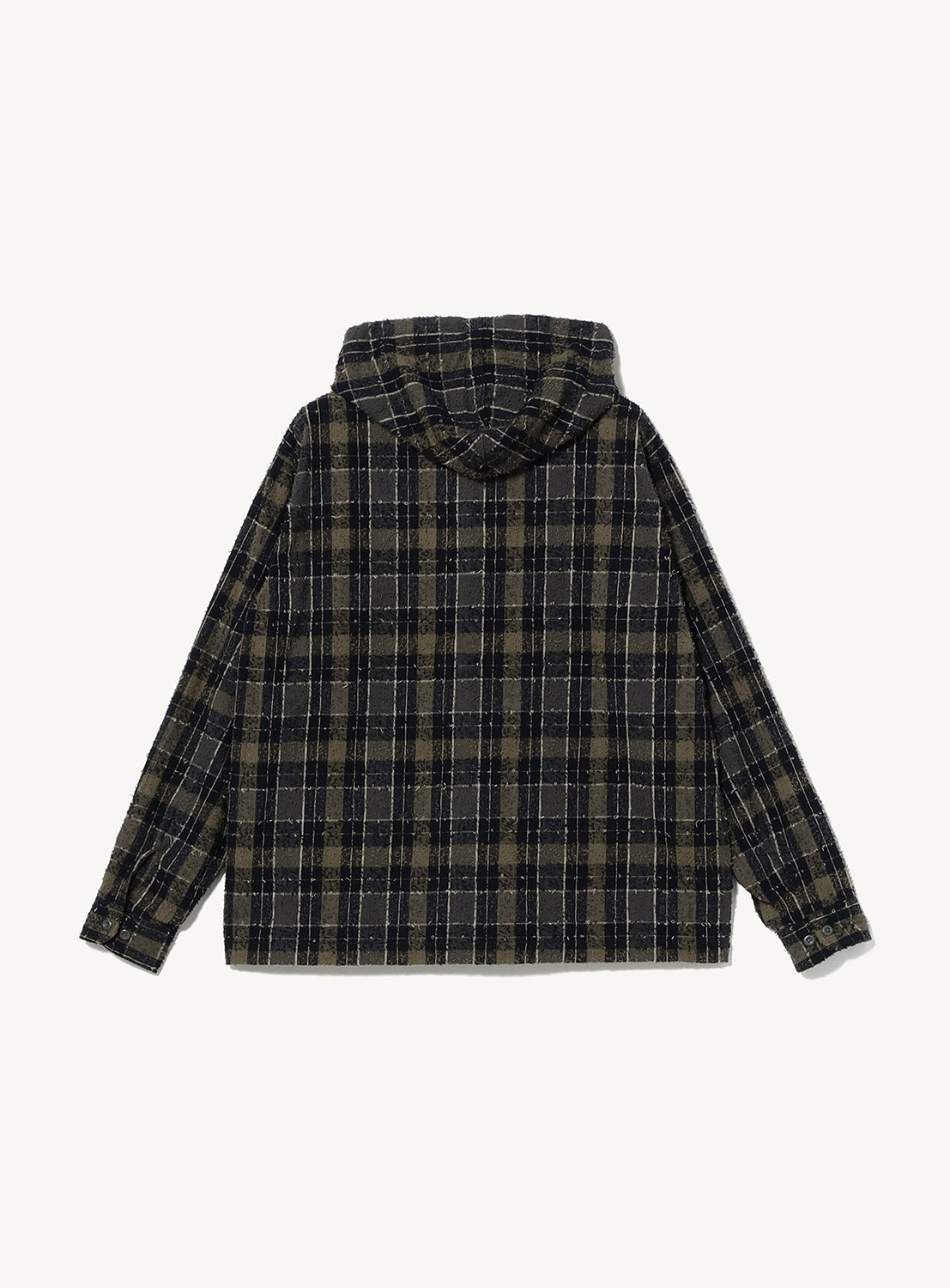 Back view of a BEAMS Bouclé Flannel Hooded Shirt in a vintage-inspired dark brown and black plaid.