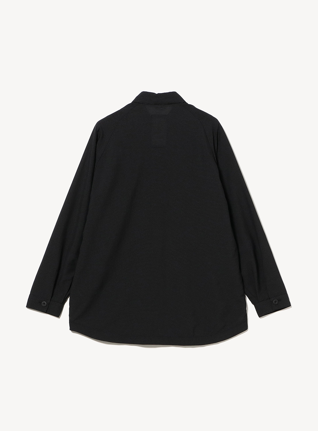 A black TEATORA Long Sleeve Cartridge Shirt is laid flat, shown from the back with a straight hem and buttoned cuffs against a plain white background. This wrinkle-resistant design ensures you look sharp wherever your journey takes you.