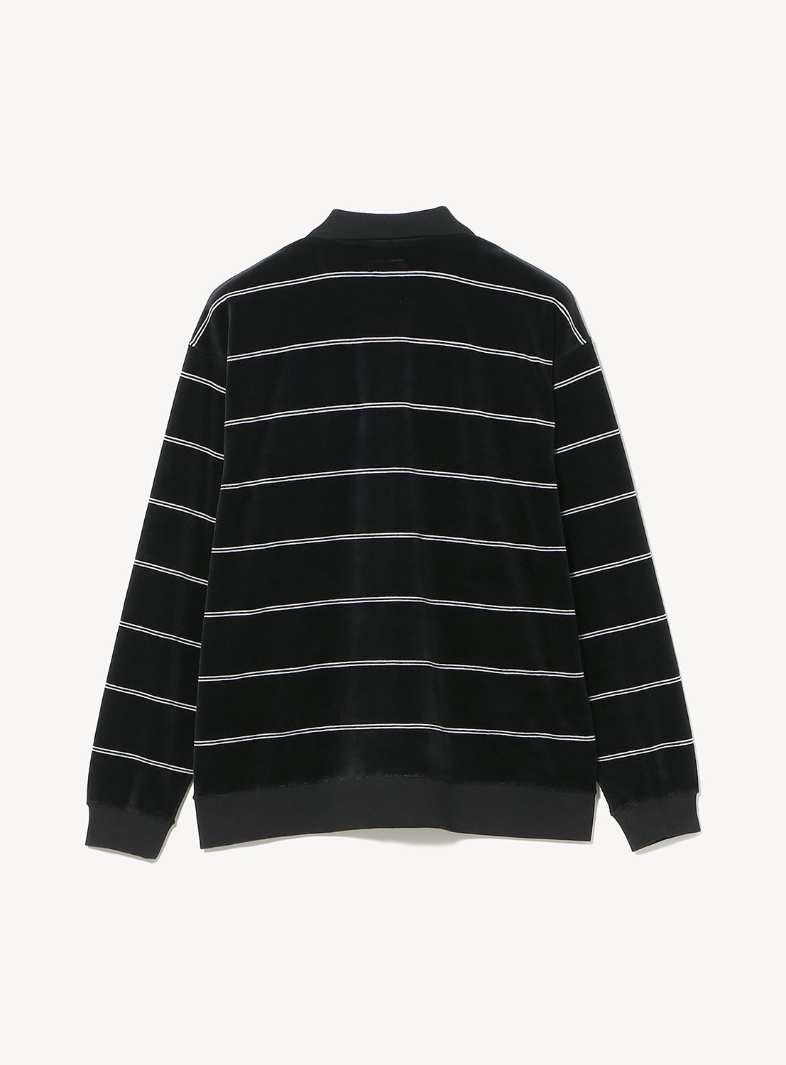 Back view of a BEAMS Striped Velvet Polo Shirt, a long-sleeved black velvet shirt featuring thin white horizontal stripes, a ribbed collar and cuffs, and relaxed proportions.