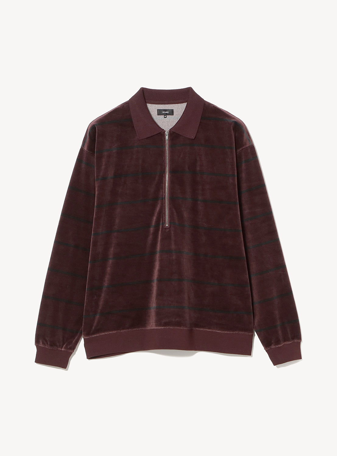 BEAMS Striped Velvet Polo shirt in maroon with long sleeves, a front zipper, and a relaxed fit.