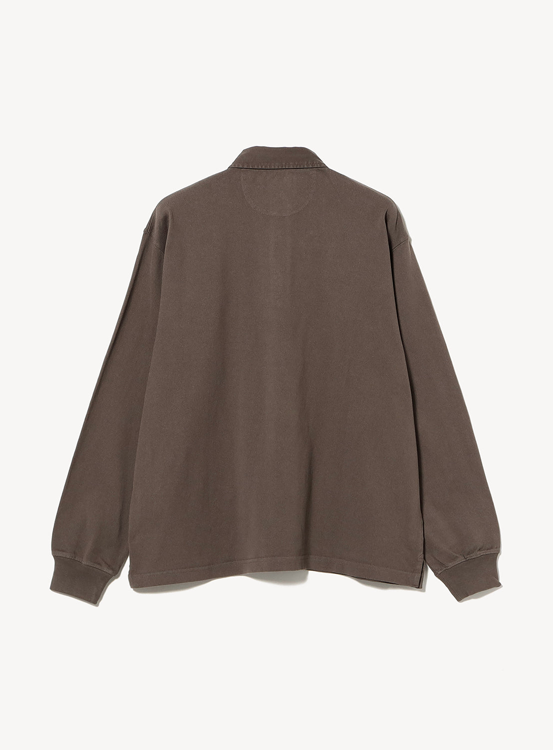 Back view of a dark brown BEAMS Garment-Dyed Rugby Shirt in heavyweight cotton jersey with a collar and ribbed cuffs.