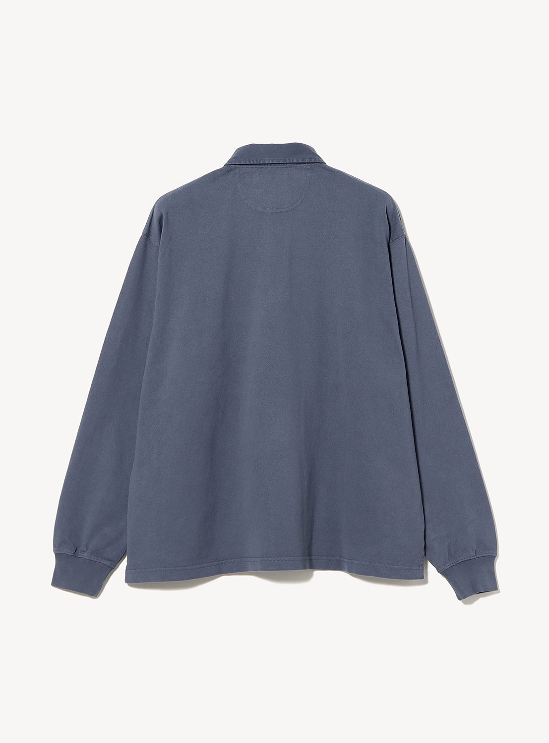 Back view of a slate blue BEAMS Garment-Dyed Rugby Shirt in heavyweight cotton jersey, featuring a collar and ribbed cuffs.