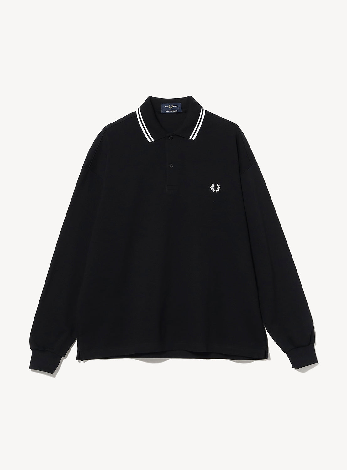Black long-sleeve [Exclusive] BEAMS x Fred Perry Pique Long Sleeve Polo Shirt featuring a white double-stripe collar and the signature laurel wreath embroidery on the chest.