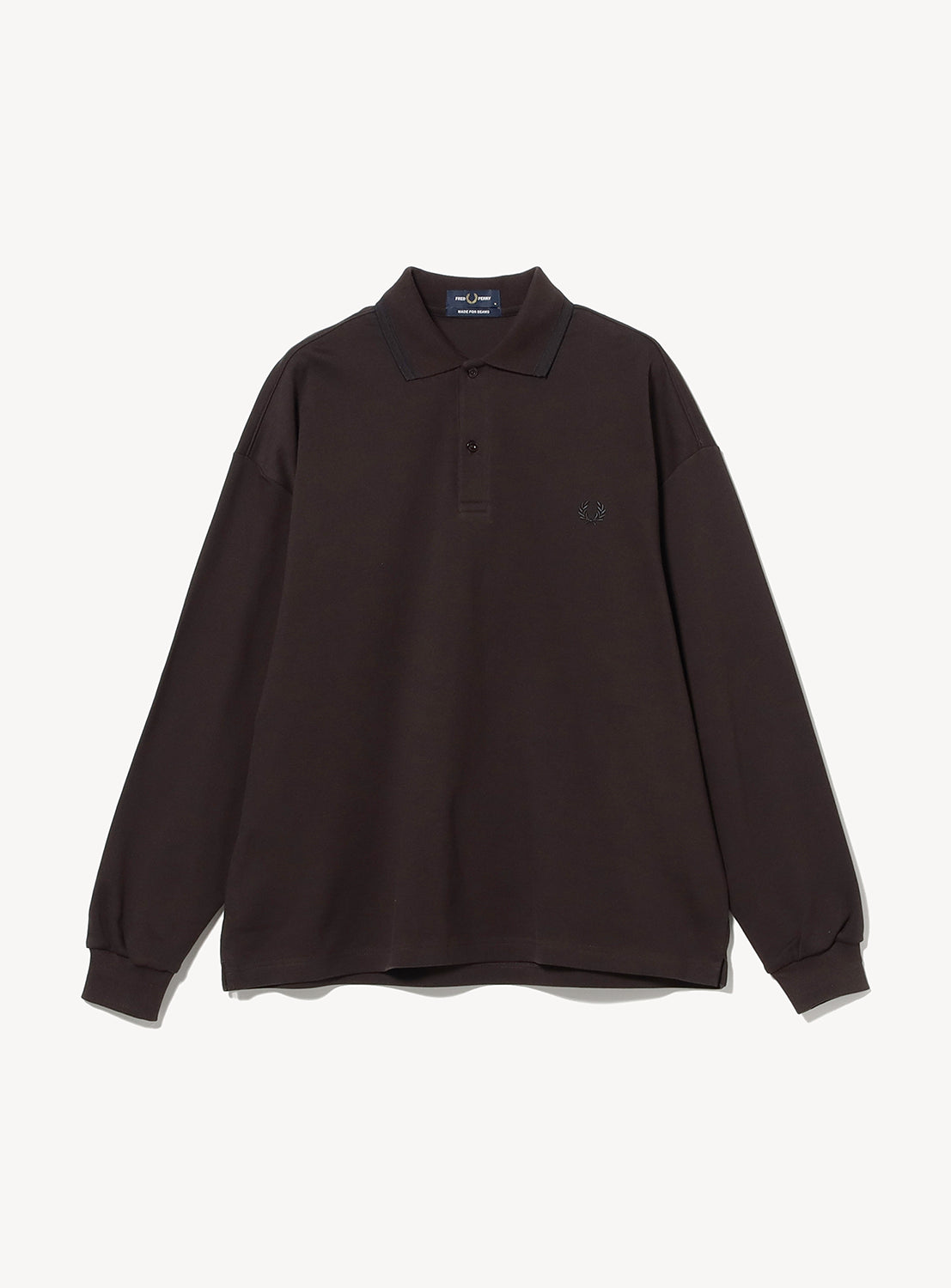 Dark brown [Exclusive] BEAMS x Fred Perry Pique Long Sleeve Polo Shirt with a button placket, chest laurel wreath logo, and a boxy silhouette.