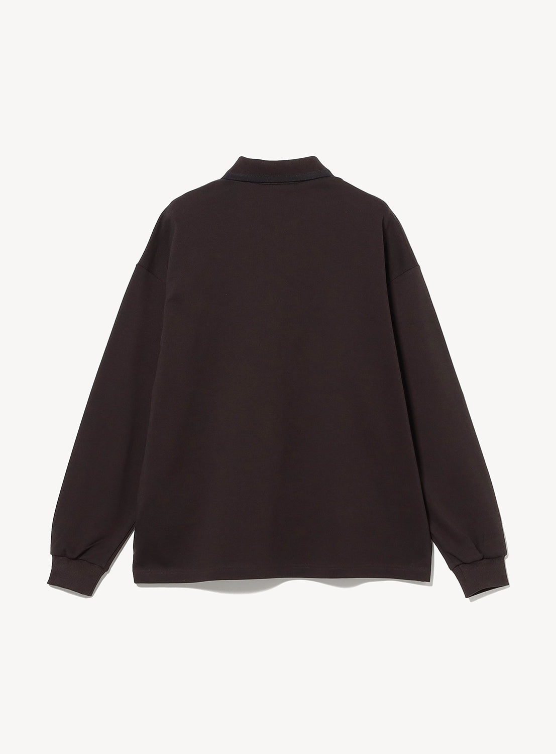 Back view of a dark brown [Exclusive] BEAMS x Fred Perry Pique Long Sleeve Polo Shirt with a box silhouette, featuring a ribbed collar and cuffs.