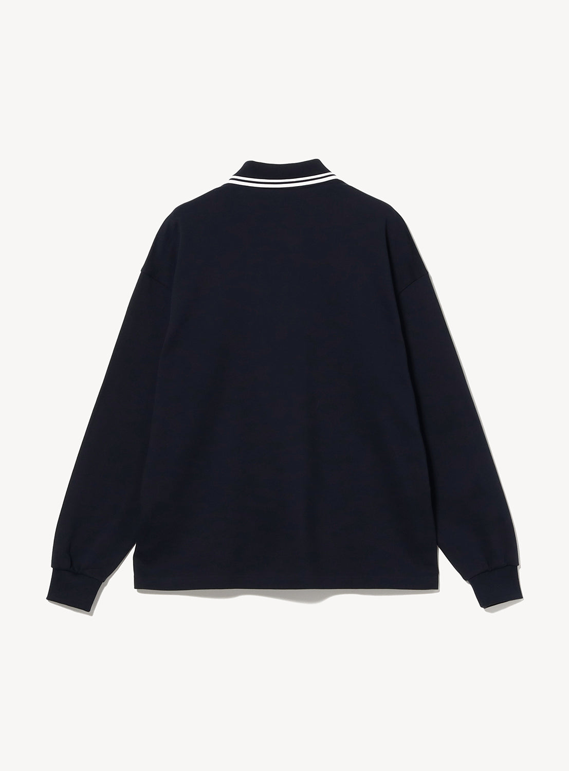 Back view of the [Exclusive] BEAMS x Fred Perry Pique Long Sleeve Polo Shirt in navy, featuring a twin-tip design on the collar.
