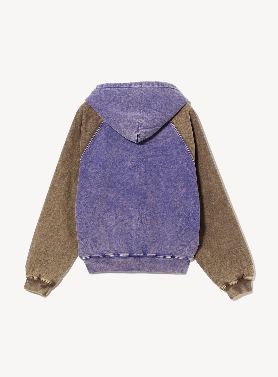 The TTT MSW Fade Damage Zip Up Hoodie features a vintage-inspired design with a purple body and hood, complemented by brown sleeves and cuffs, displayed from the back against a white background.