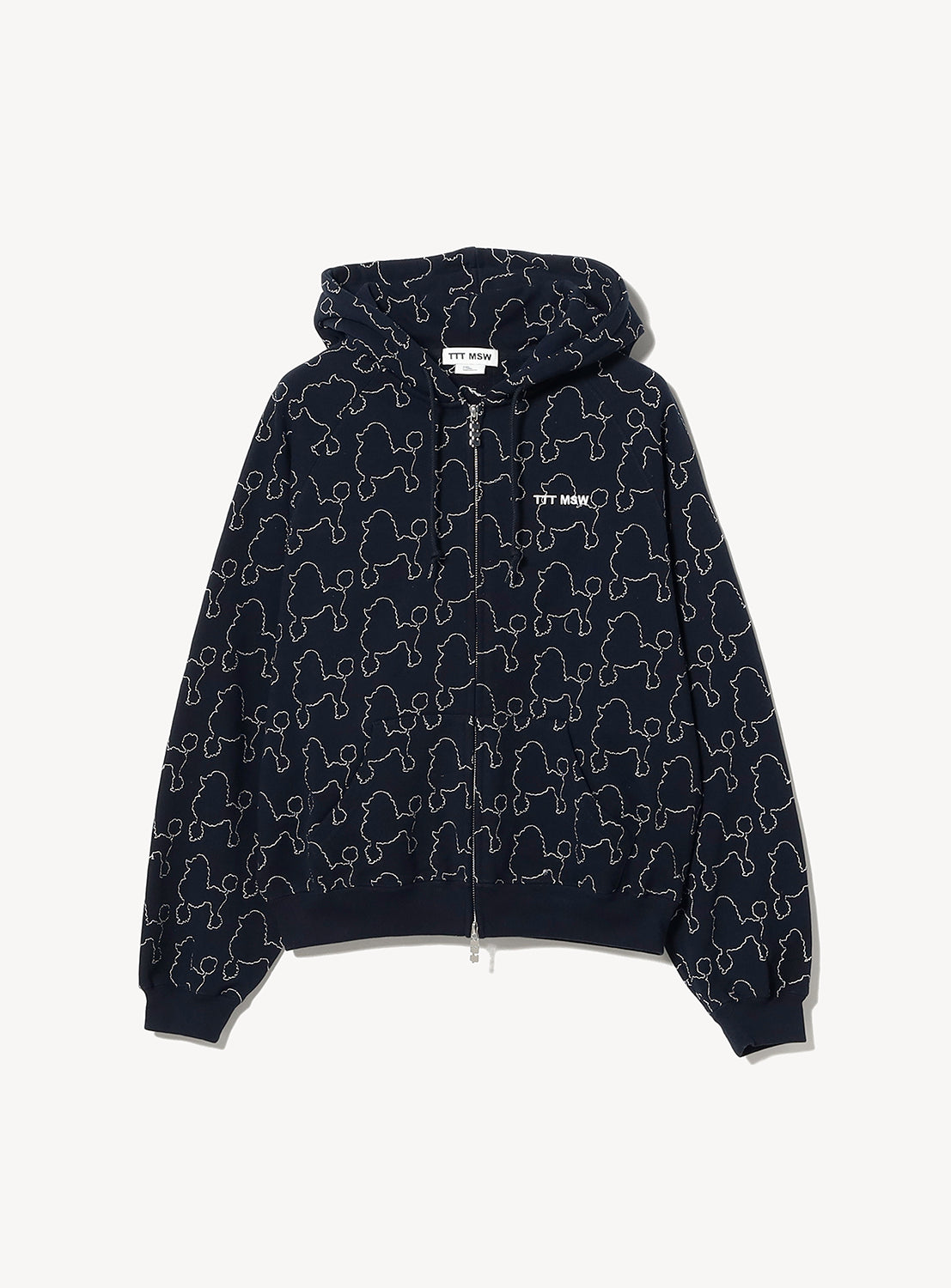 A navy fleece-back terry zip-up hoodie by TTT MSW, featuring a white outlined poodle embroidery pattern, a front zipper, drawstrings, and a small CITY MARK logo embroidered on the left chest.