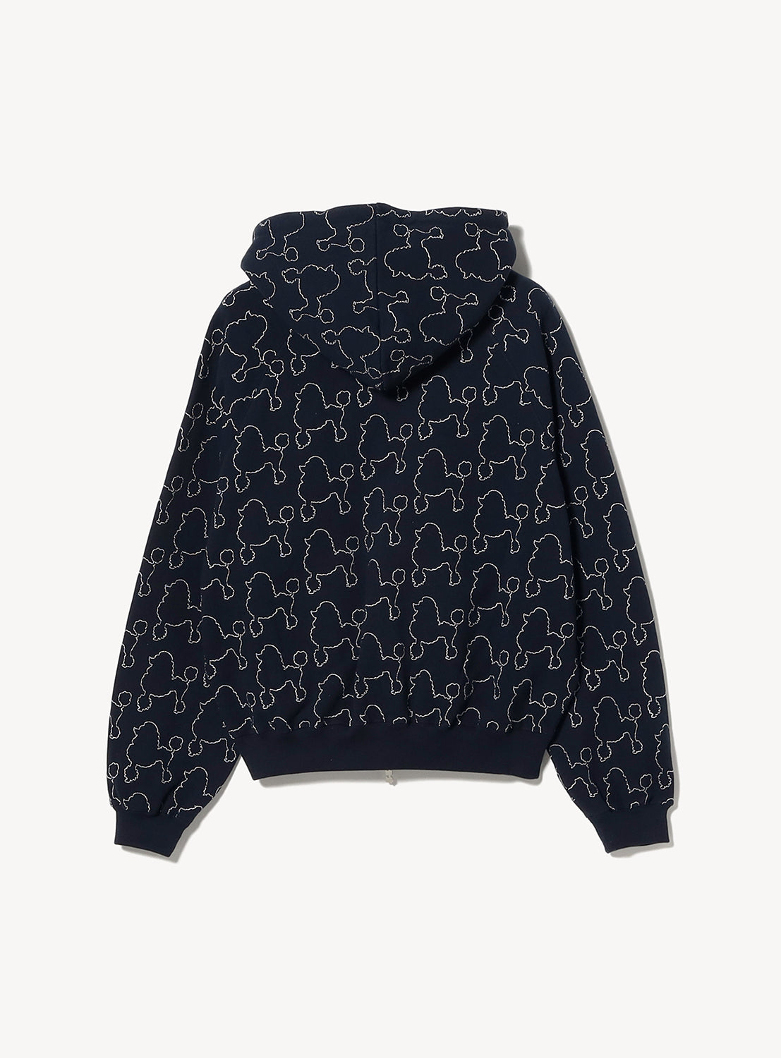 TTT MSW Poodle Embroidery Zip-Up Hoodie in navy blue fleece-back terry, designed with a hood and ribbed cuffs. The back features an all-over pattern of white outlined cartoon-style poodles. The hoodie is shown laid flat with the back facing up.