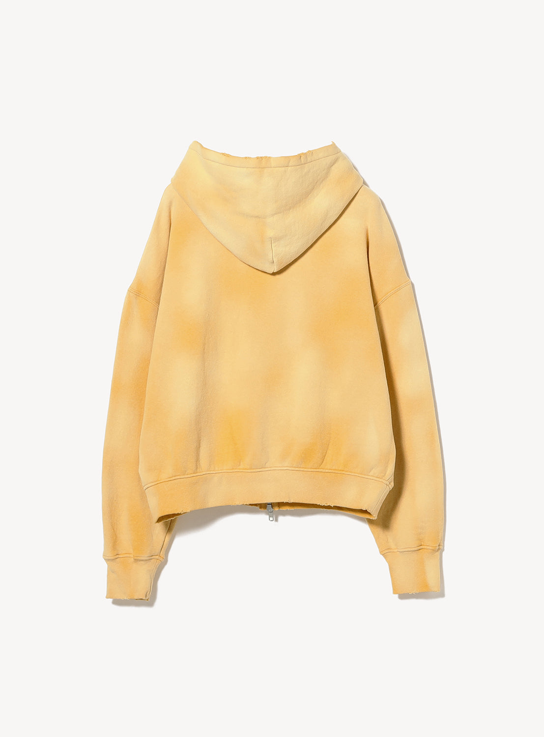 The INSCRIRE Yellow Faded Zip Up Hoodie is displayed on a white background. Crafted from soft French terry, this sweatshirt features an oversized fit, long sleeves, ribbed cuffs, and a hood, shown from the back.