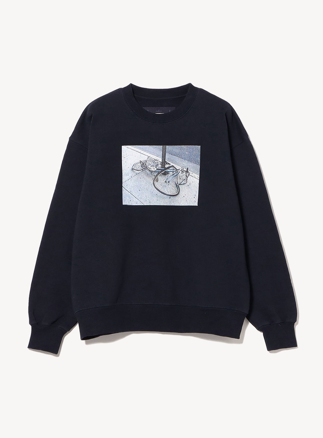 BEAMS T Emilio Chavez black crewneck sweatshirt with rectangular bicycle graphic.