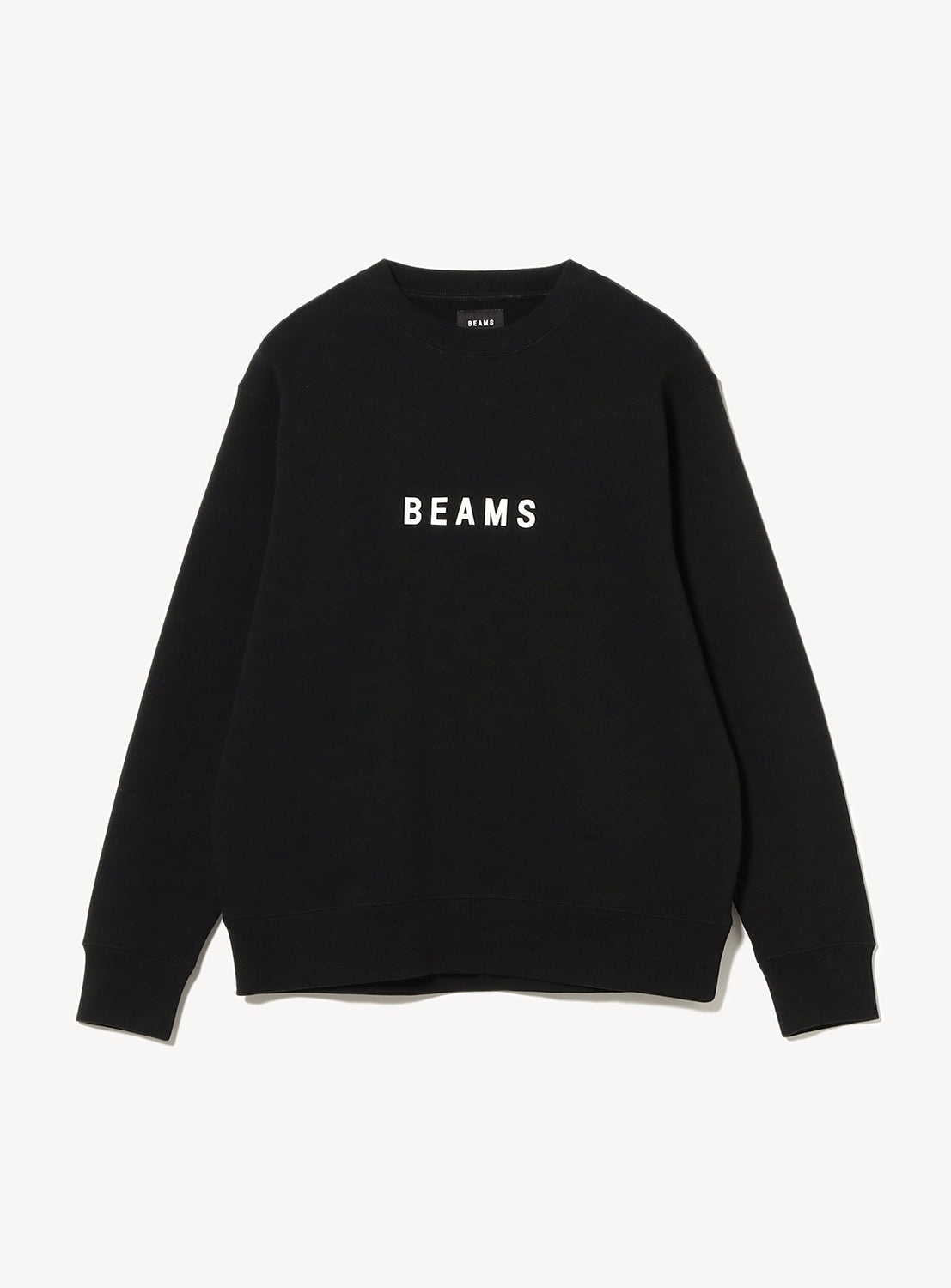 Black crewneck sweatshirt with 'BEAMS' logo in white. 