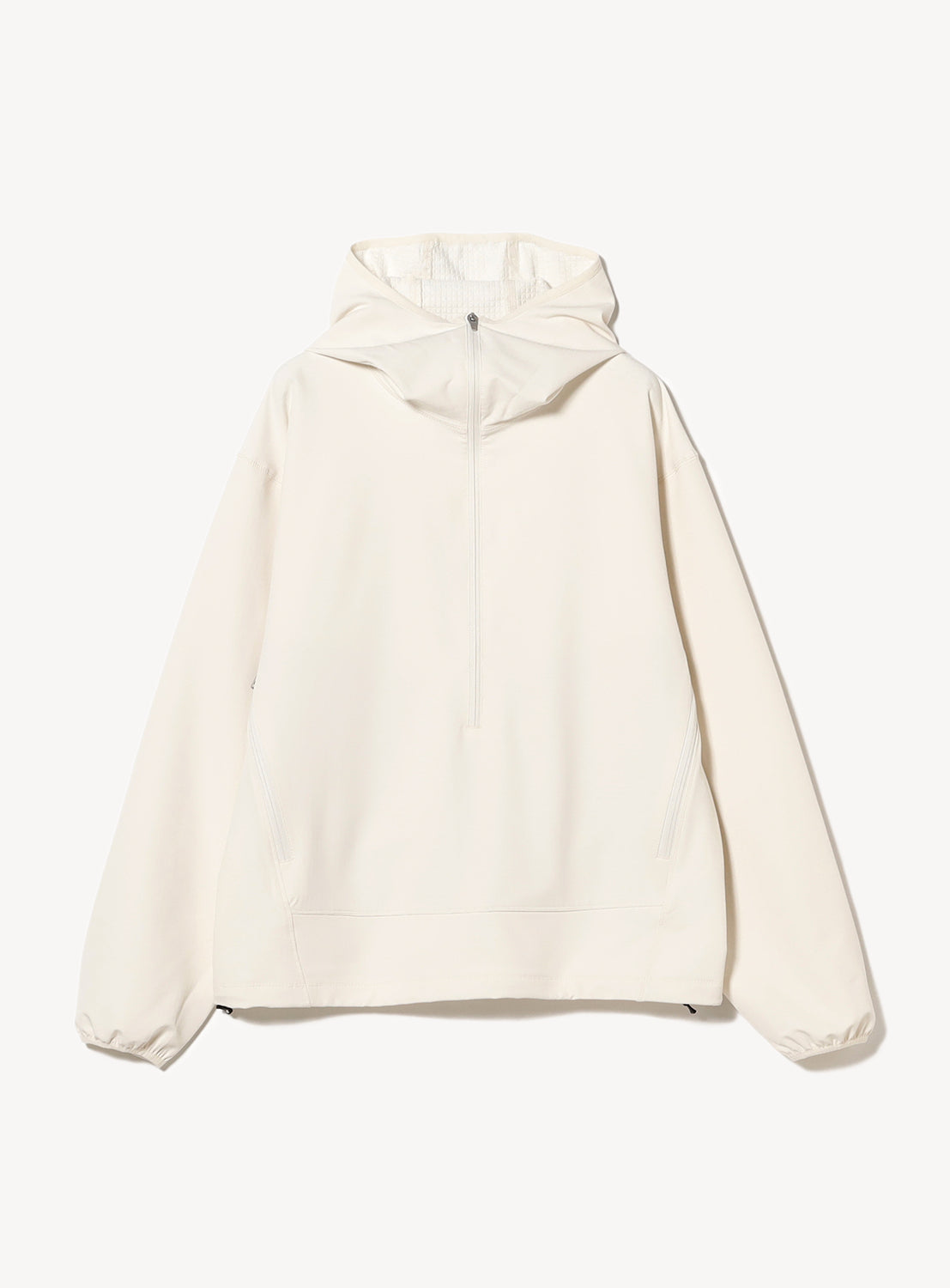 Off-white half-zip hooded jacket with a relaxed fit and long sleeves