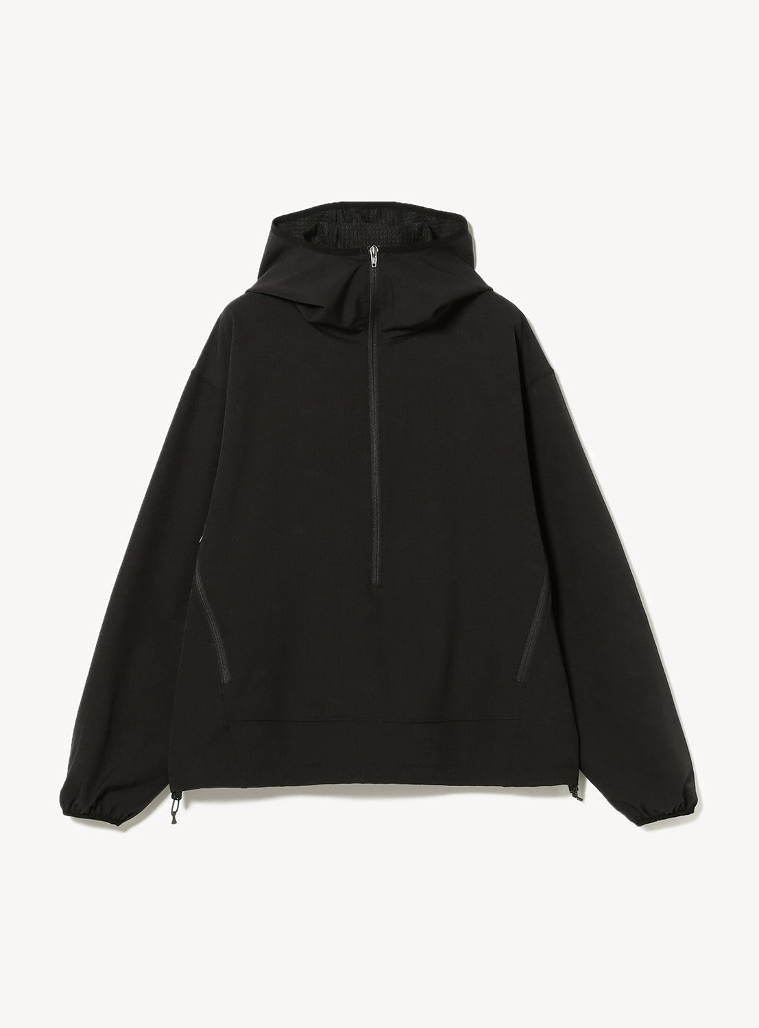 Black half-zip hooded jacket with a relaxed fit and long sleeves