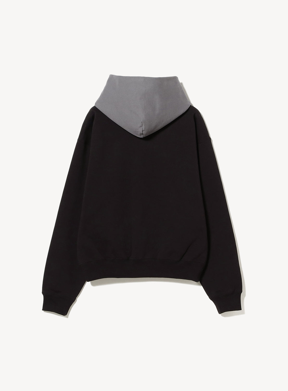 The BEAMS Color Block Heavyweight Fleece Hoodie features a cropped fit and a light gray color-blocked hood, shown flat with the back up on a white background.