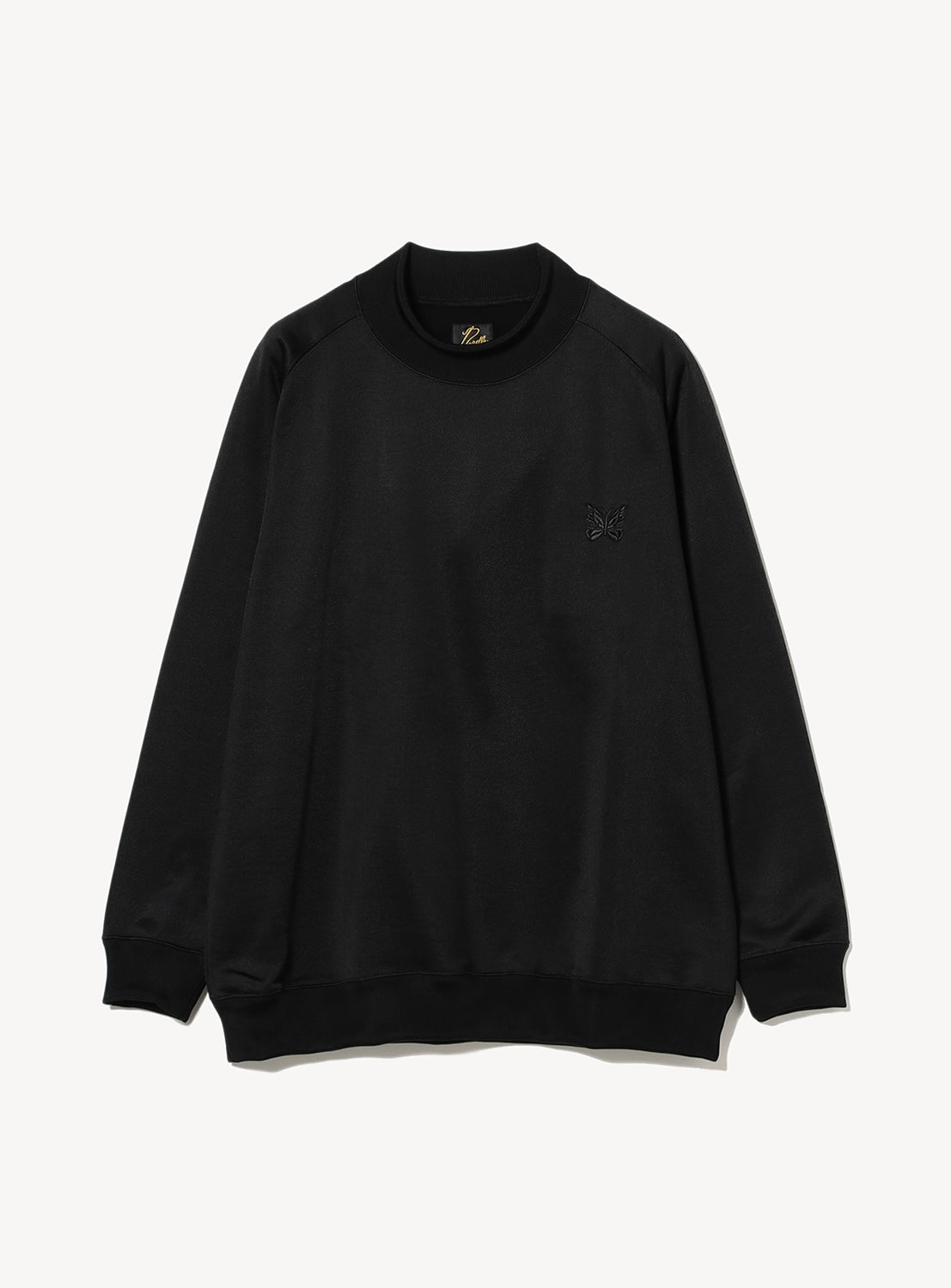 Black mock neck sweatshirt with a black embroidered butterfly. 