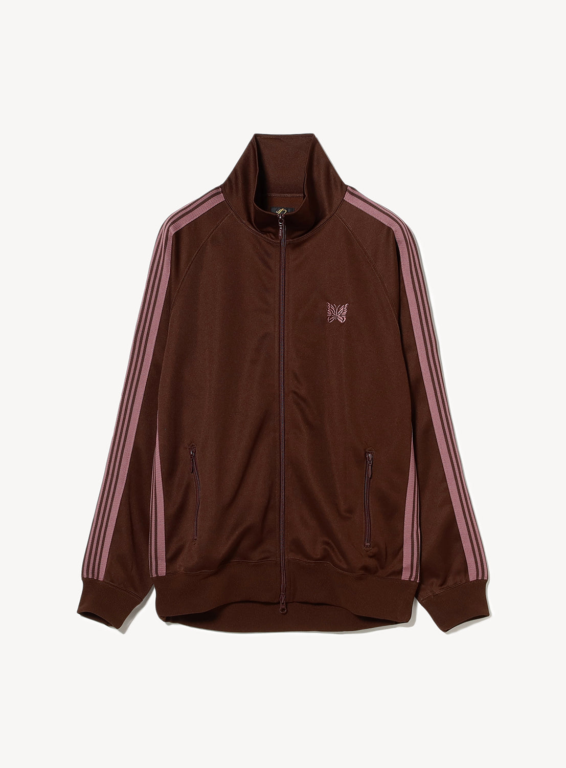 Brown/burgundy track jacket with pink stripes on the arms and sides, with front pockets and a pink embroidered butterfly. 
