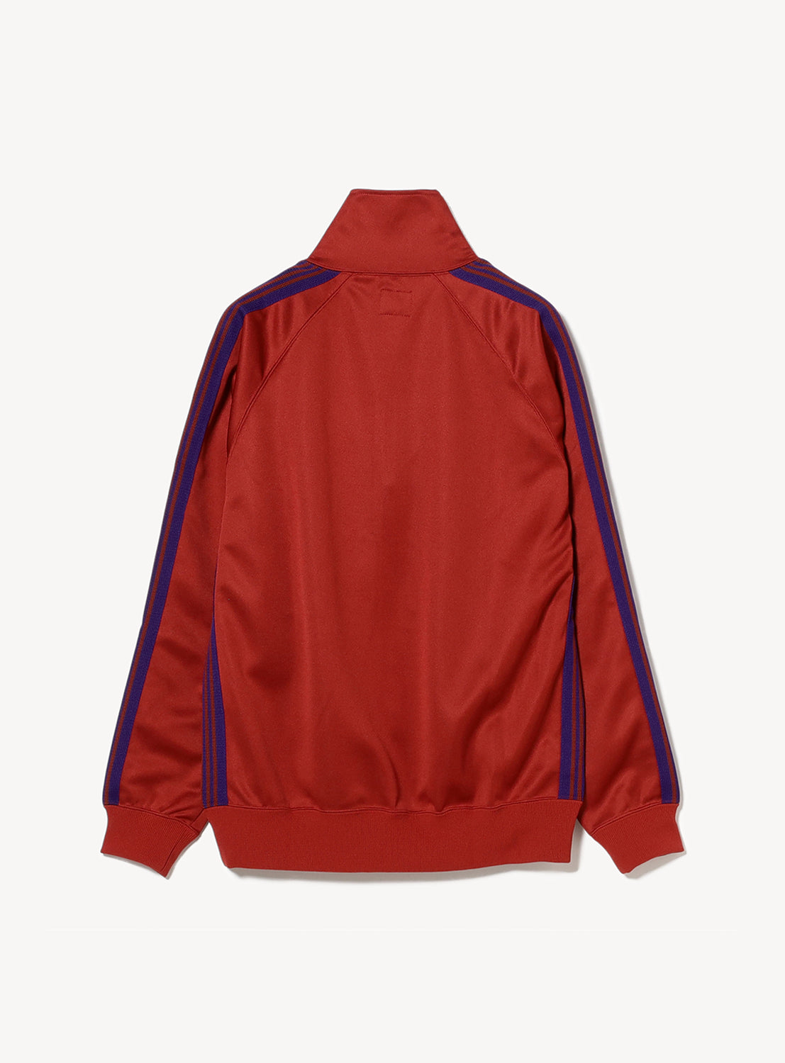 Back of a red track jacket with blue/purple stripes.