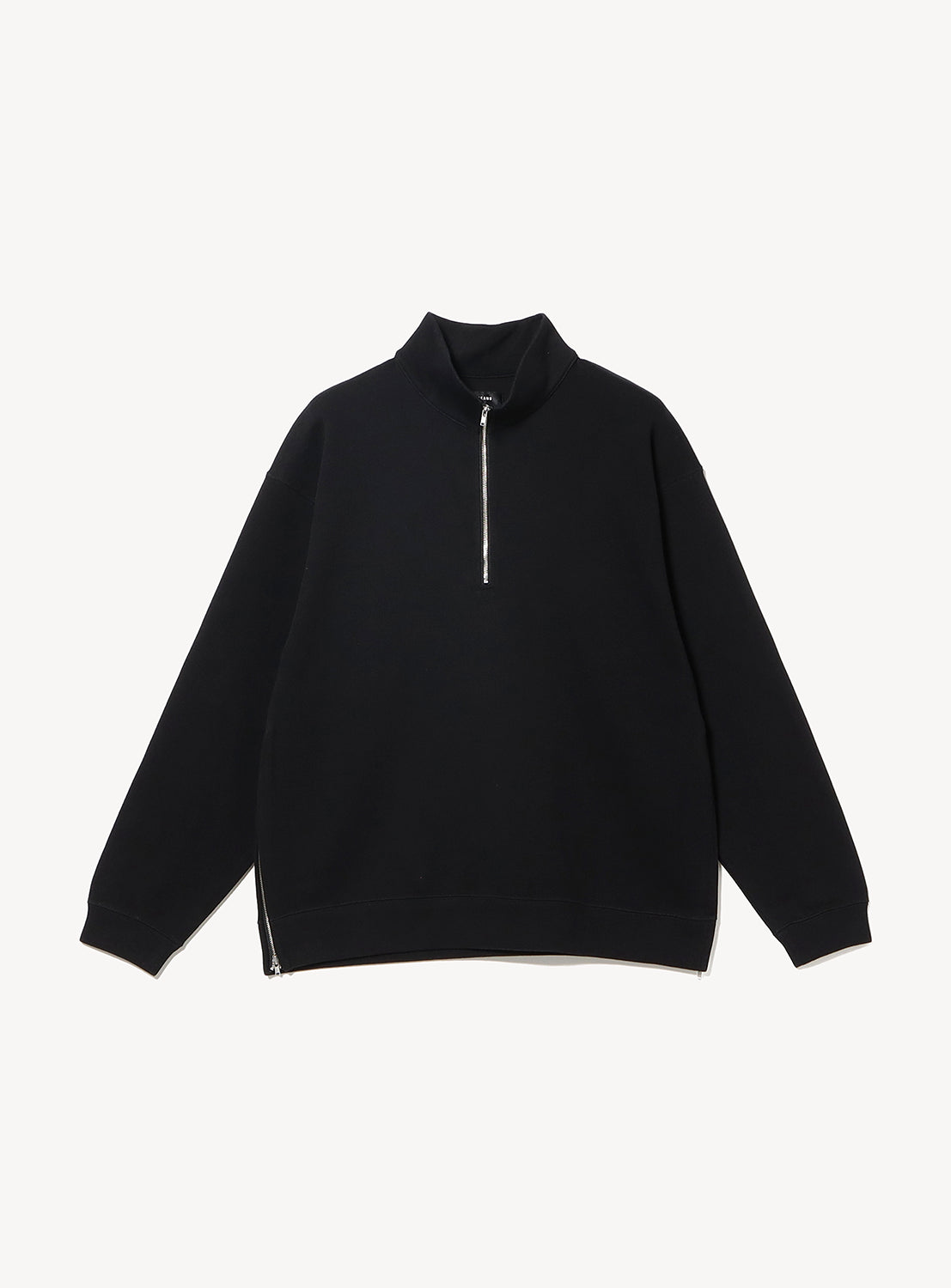 BEAMS Side Zip Up Sweater Shirt in black double-knit, featuring a cropped silhouette, a quarter-length front zipper, and a side-seam zipper.