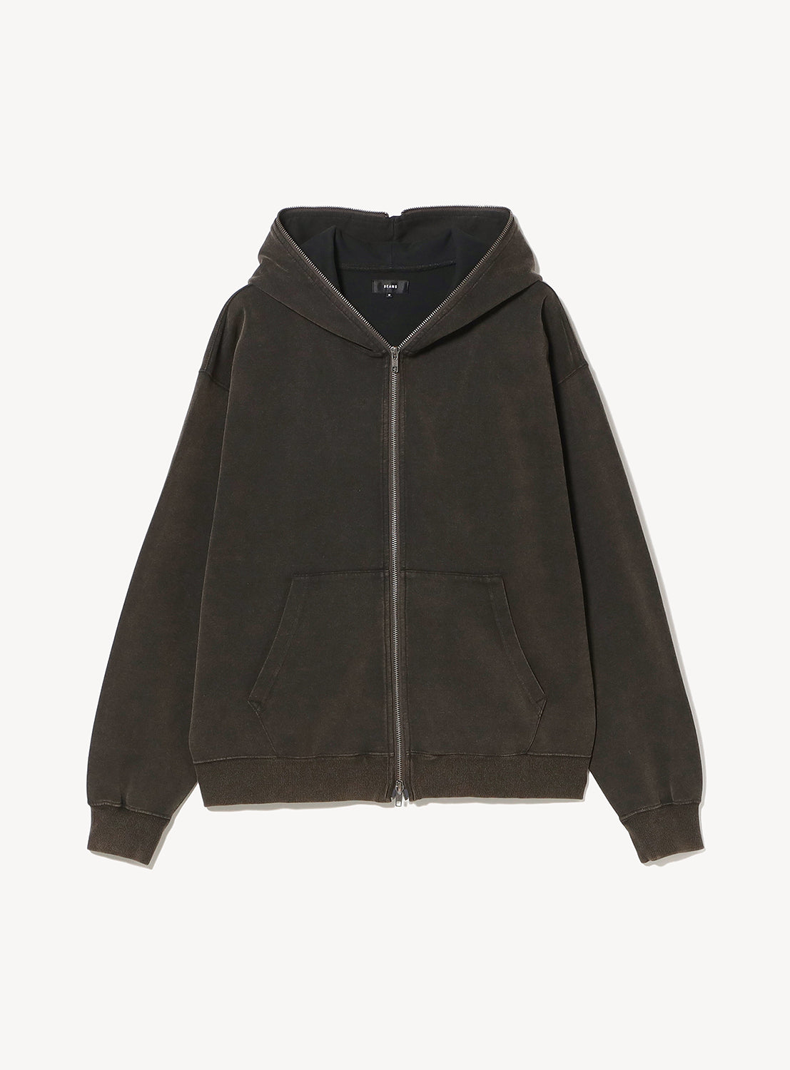 BEAMS Faded Full-Zip Hoodie in a vintage-washed dark charcoal, featuring a drawstring hood and a front kangaroo pocket.