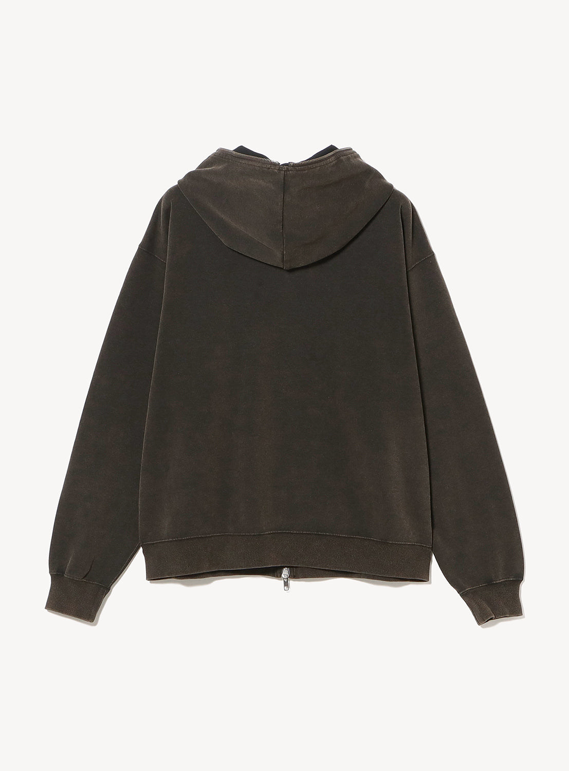 Back view of a charcoal-colored, vintage-washed BEAMS Faded Full-Zip Hoodie with a hood and ribbed cuffs.