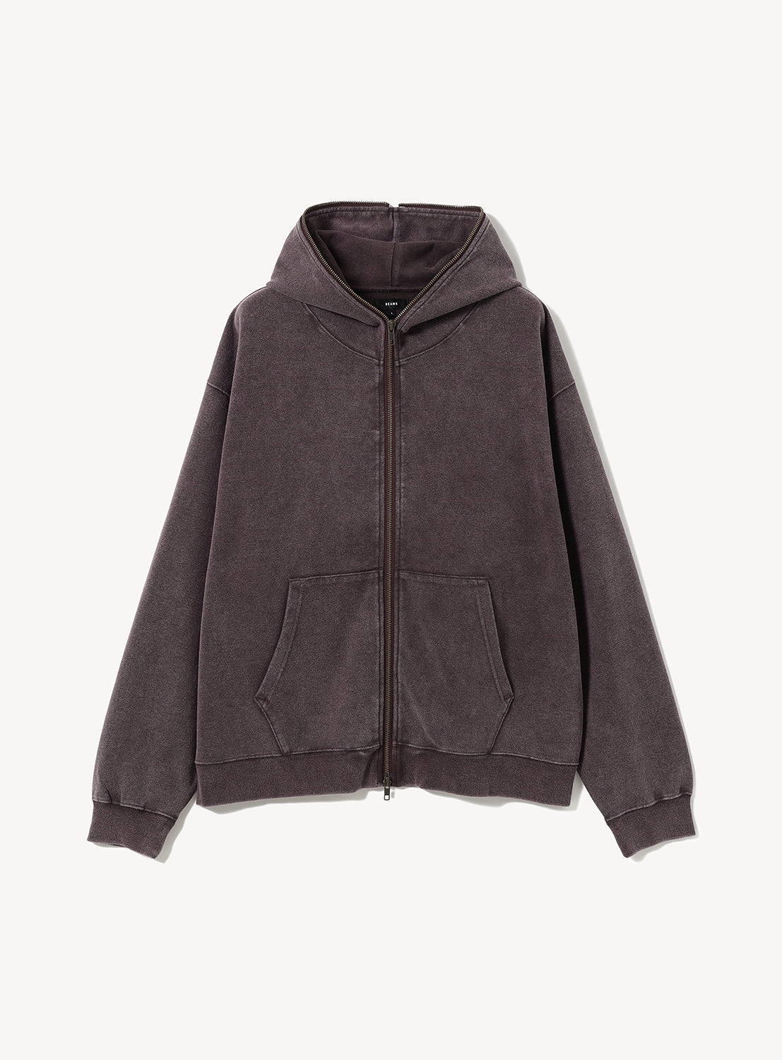 BEAMS Faded Full-Zip Hoodie in dark brown, featuring a vintage-washed finish and a front kangaroo pocket.