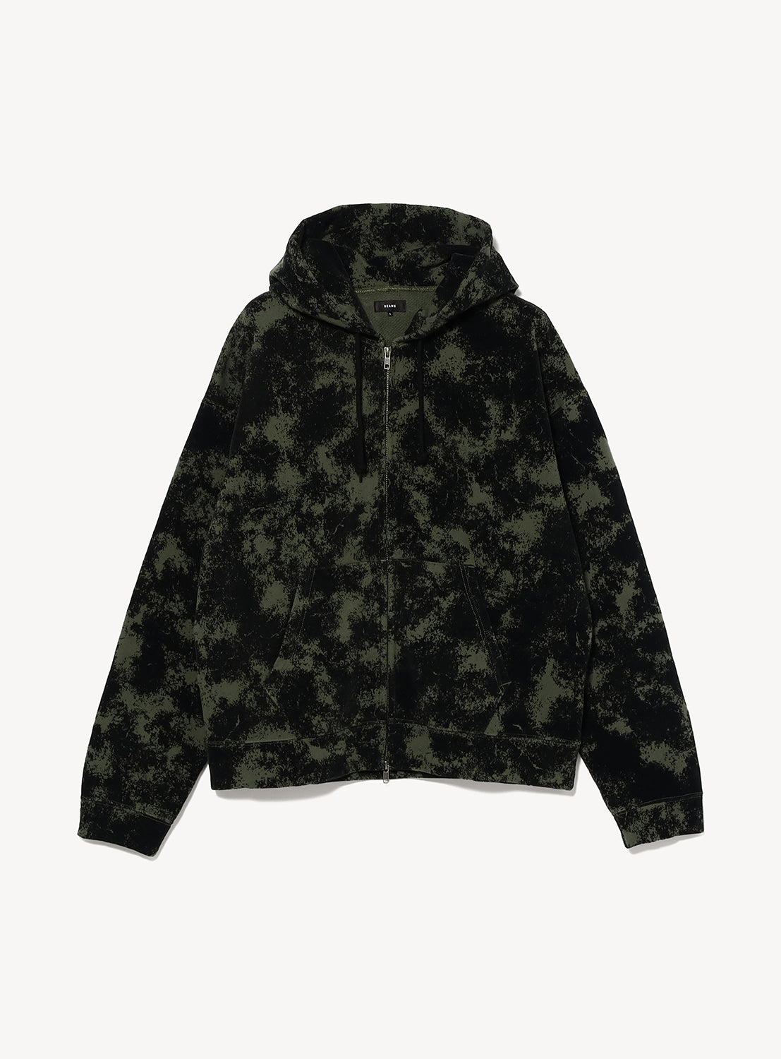 BEAMS Flocked Planet Motif Full-Zip Hoodie in olive green, featuring a black mottled, textured flock print and a drawstring hood.
