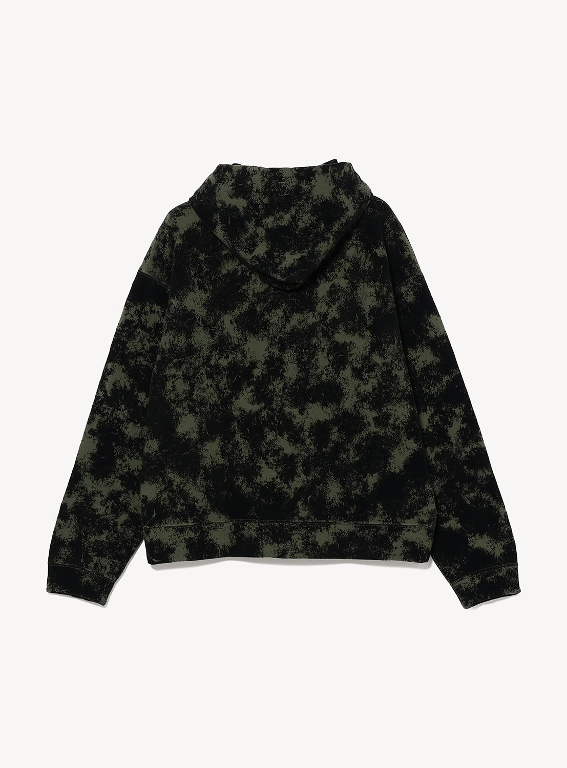 Back view of a BEAMS Flocked Planet Motif Full-Zip Hoodie in an oversized, vintage-inspired black and olive green tie-dye pattern.