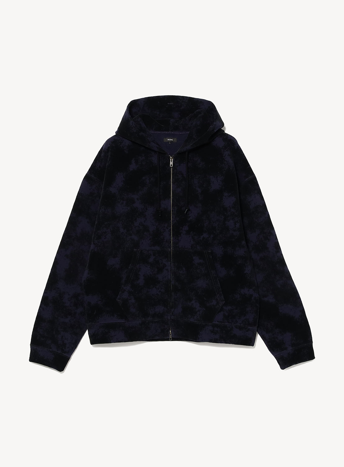 BEAMS Flocked Planet Motif Full-Zip Hoodie in dark blue, featuring a vintage-inspired design with a mottled, cloud-like pattern and textured flock print.