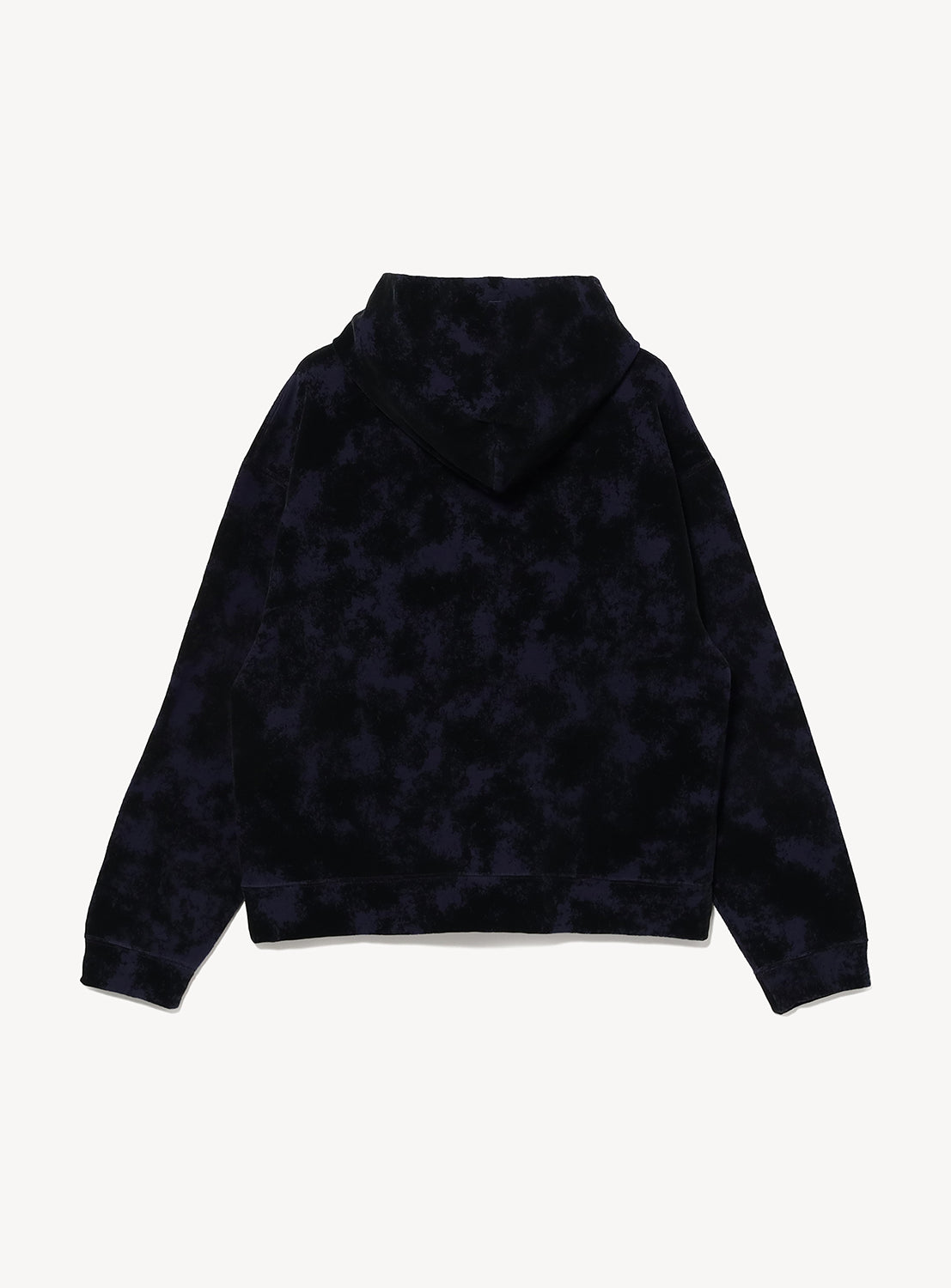Back view of a black BEAMS Flocked Planet Motif Full-Zip Hoodie, featuring an all-over dark, cloudy textured flock print.