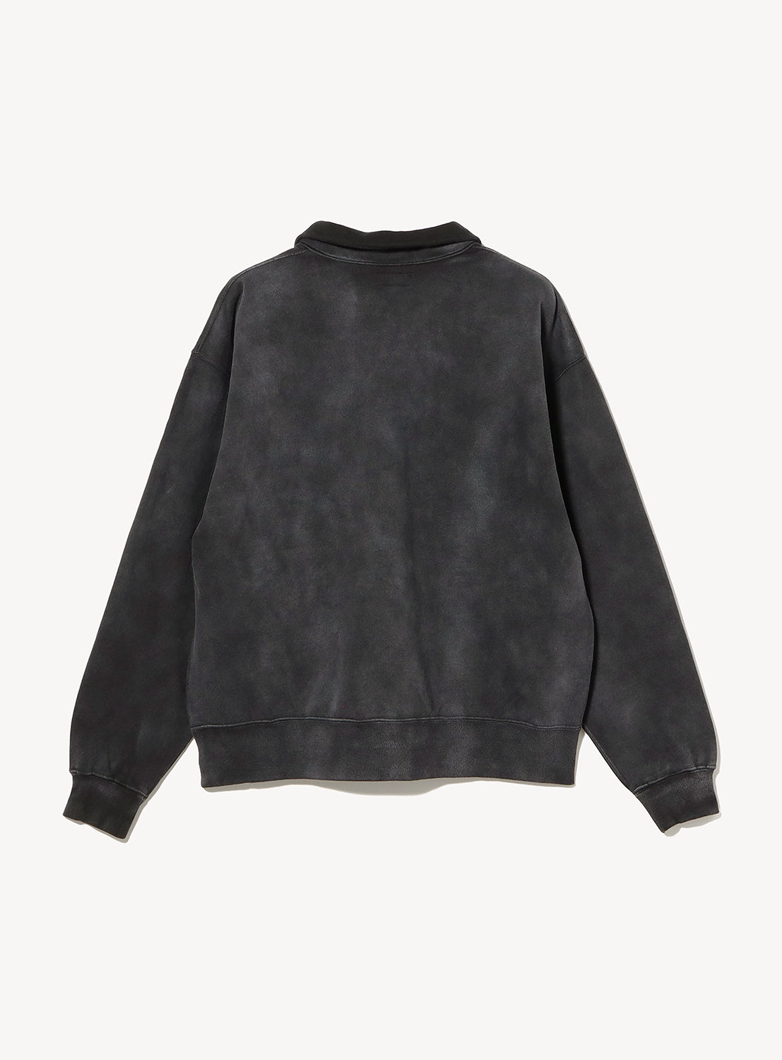 Back view of a black, acid-washed BEAMS Faded Souvenir Half Zip Pullover with a high collar and long sleeves.