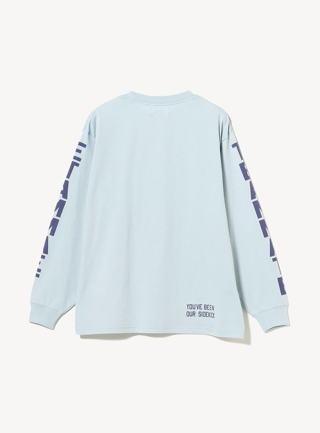 BEAMS BOY Big Logo Long-Sleeve T-Shirt in light blue, relaxed fit, shown from the back with bold dark blue oversized sleeve logos on both arms and small text near the lower right hem reading “YOUVE BEEN OUR SIDEKX.”.