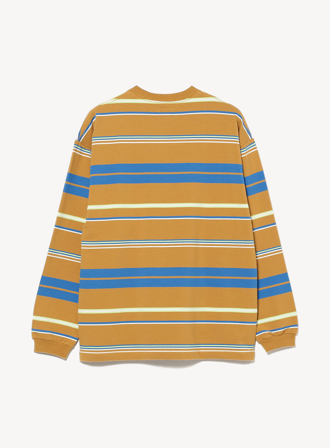The BEAMS Multi-Stripe Crew Neck Wide Fit Sweatshirt features mustard yellow, blue, white, and dark brown stripes, ribbed cuffs, a relaxed fit, and is crafted from mini French terry for casual comfort. Shown from the back.