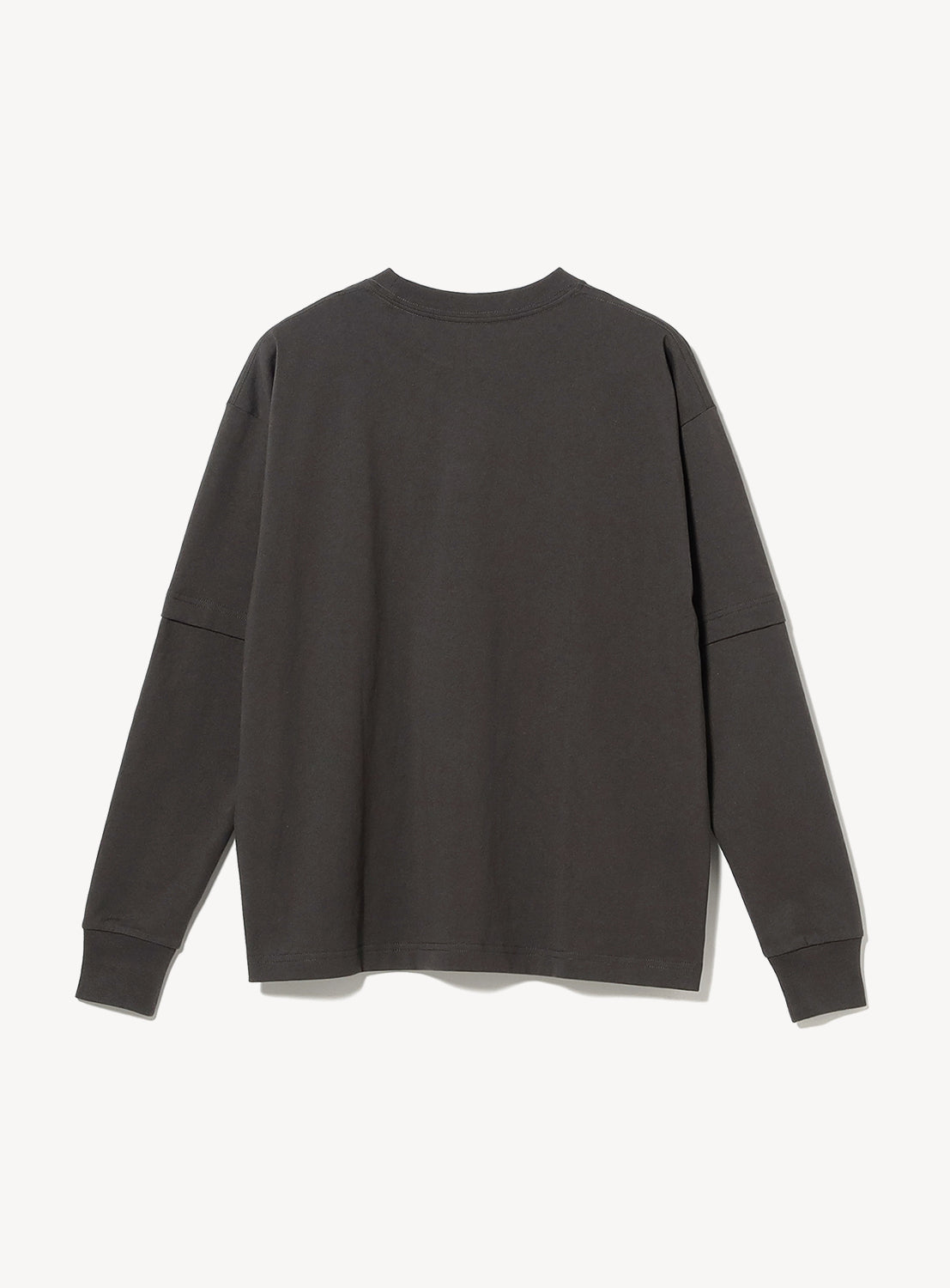The [Exclusive] Mock Layered Long-Sleeve T-Shirt by CHAMPION is shown laid flat, back view, in dark gray with no visible logos or designs, featuring a plain style and comfortable fit.
