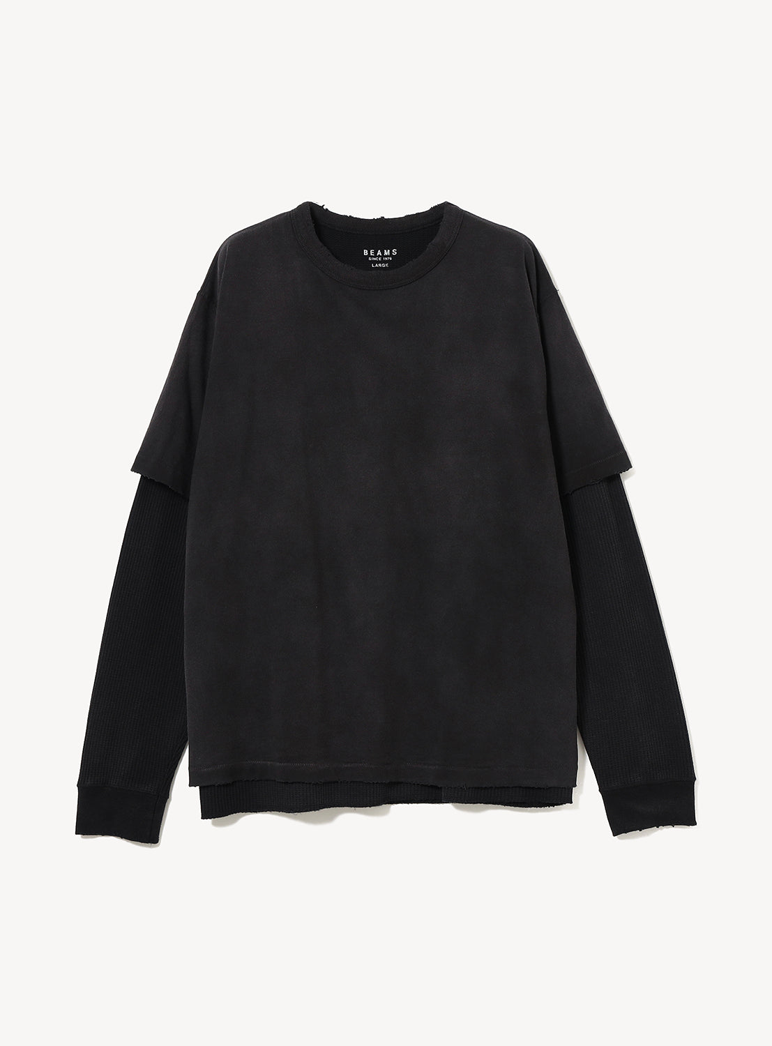 BEAMS Vintage Layered Fade Long-Sleeve T-Shirt in black cotton jersey with a distressed, raw-edge hem.