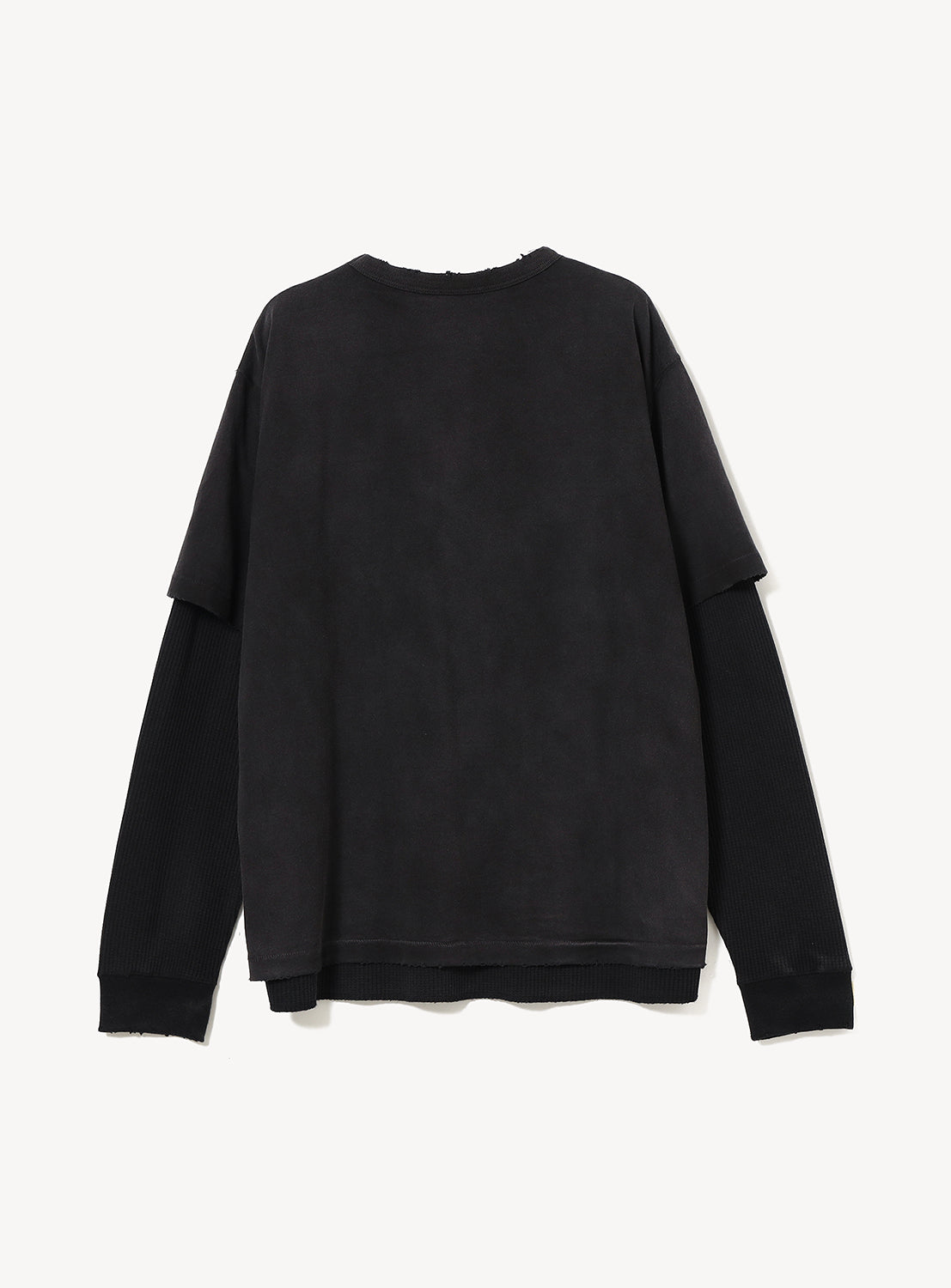 Back view of a BEAMS Vintage Layered Fade Long-Sleeve T-Shirt, featuring a layered cotton jersey design with a short-sleeve overlay and distressed, frayed hem details.