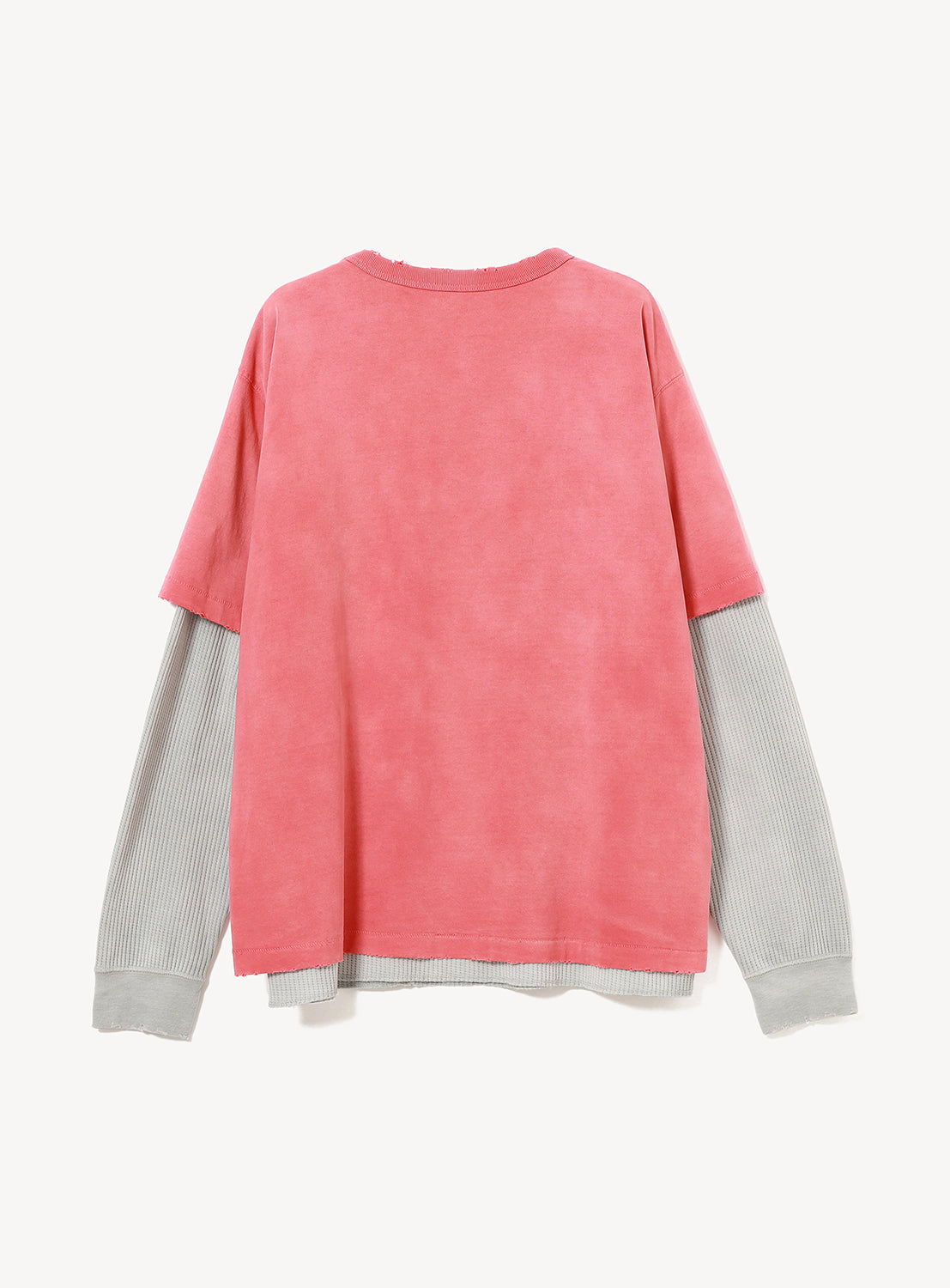 A faded pink BEAMS Vintage Layered Fade Long-Sleeve T-Shirt worn over a grey waffle-knit thermal long-sleeve shirt.