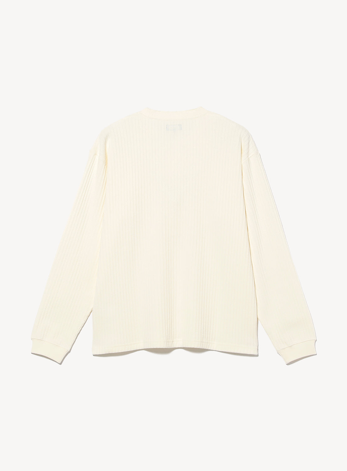 Back view of a cream-colored BEAMS Henley Neck Long-Sleeve T-shirt with a buttoned neckline.
