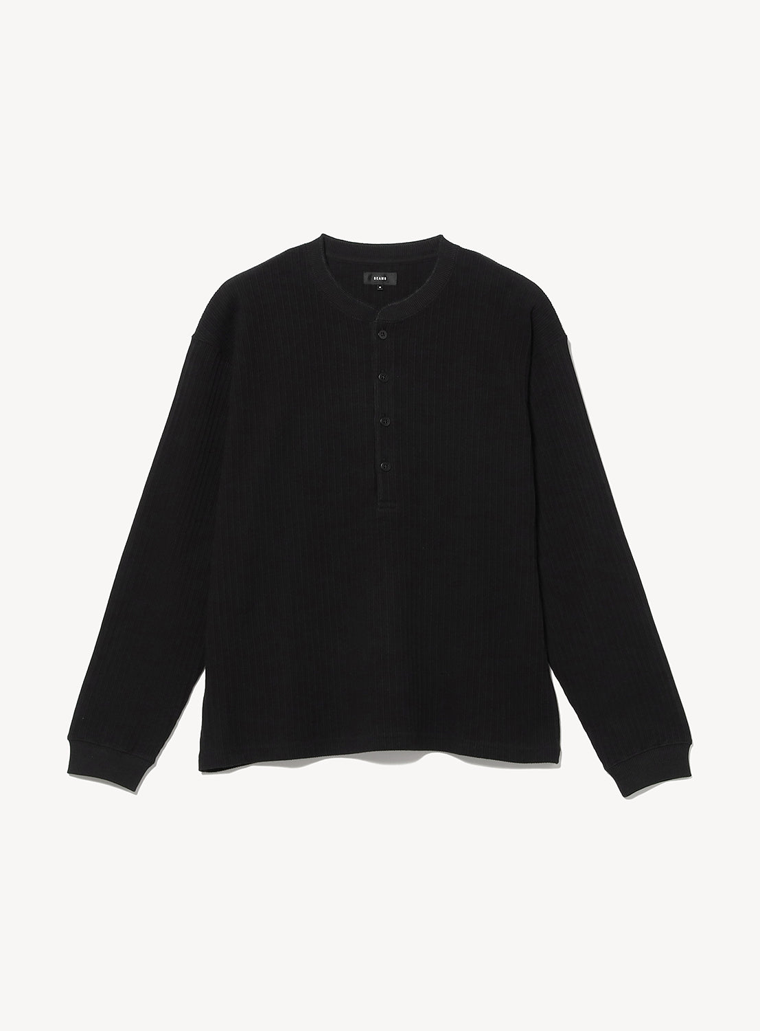 Black long-sleeve BEAMS Henley Neck Long-Sleeve T-shirt featuring a buttoned neckline.