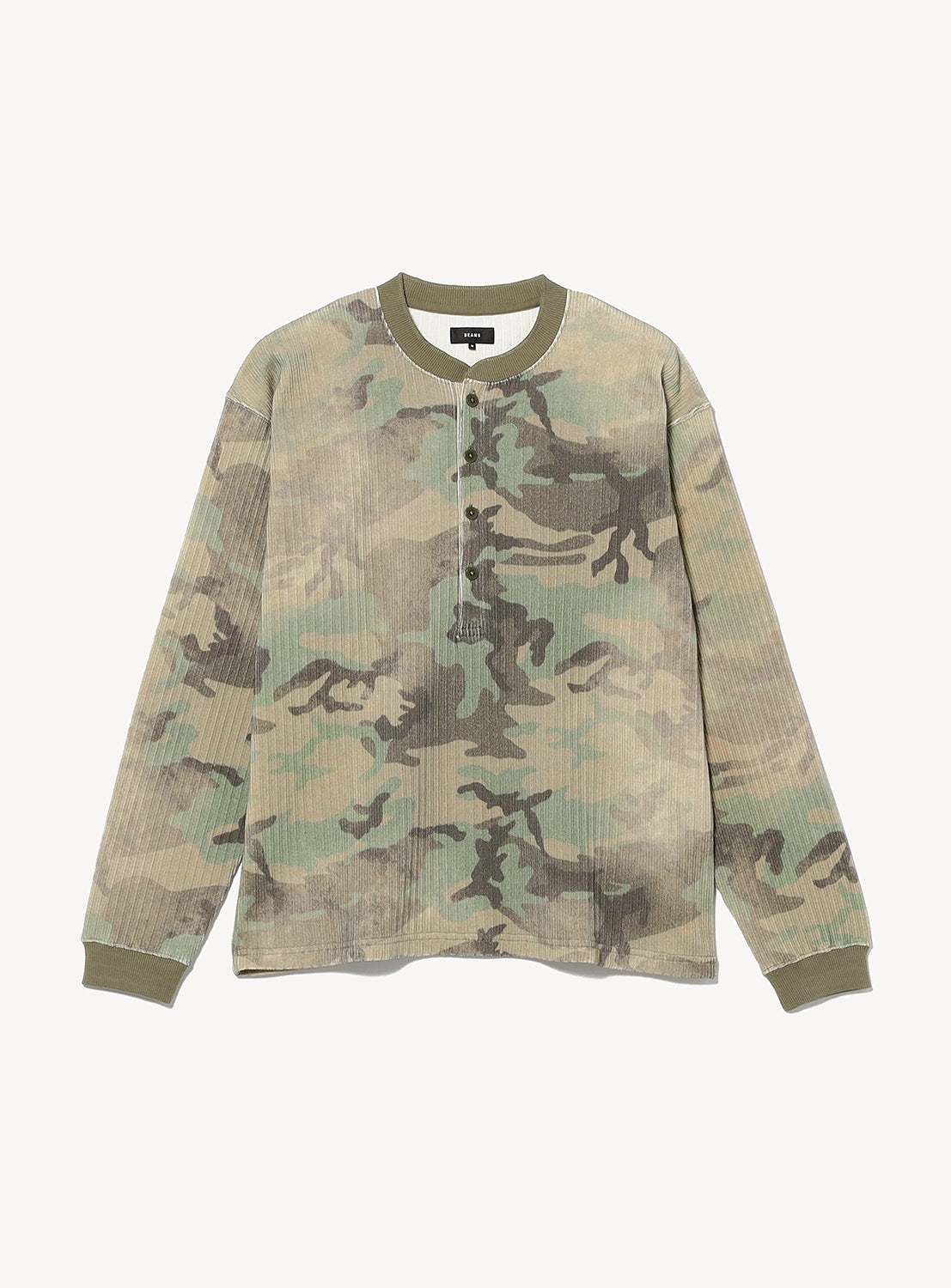 BEAMS Henley Neck Long-Sleeve T-shirt in green camouflage with a ribbed texture, solid olive green trim at the cuffs, and a buttoned neckline.