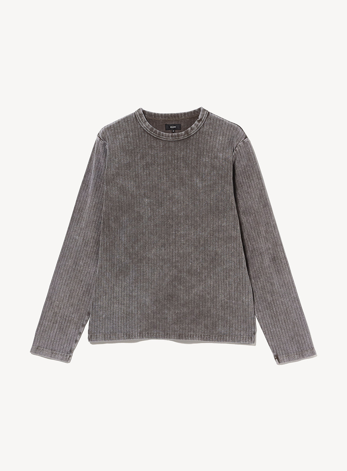BEAMS Vintage-Look Faded Stretch Rib T-Shirt in gray, featuring a long-sleeved, stretch pique rib design with a faded, vintage-inspired finish.