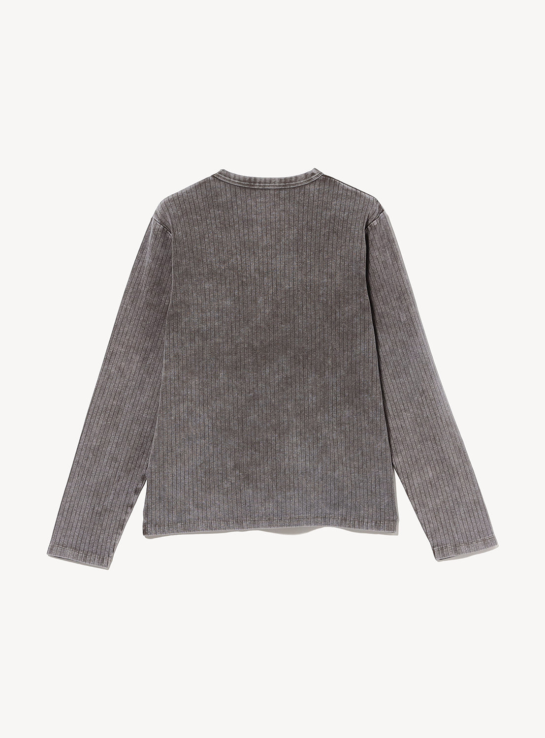 Back view of a gray BEAMS Vintage-Look Faded Stretch Rib T-Shirt, a long-sleeve crewneck with a stretch pique texture and a faded, vintage-inspired finish.
