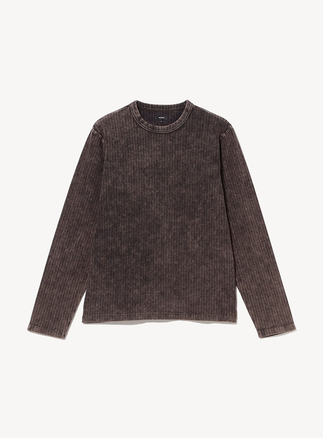 BEAMS Vintage-Look Faded Stretch Rib T-Shirt in a long-sleeved crew neck style with a vintage-inspired, dark, acid-washed stretch pique rib fabric.