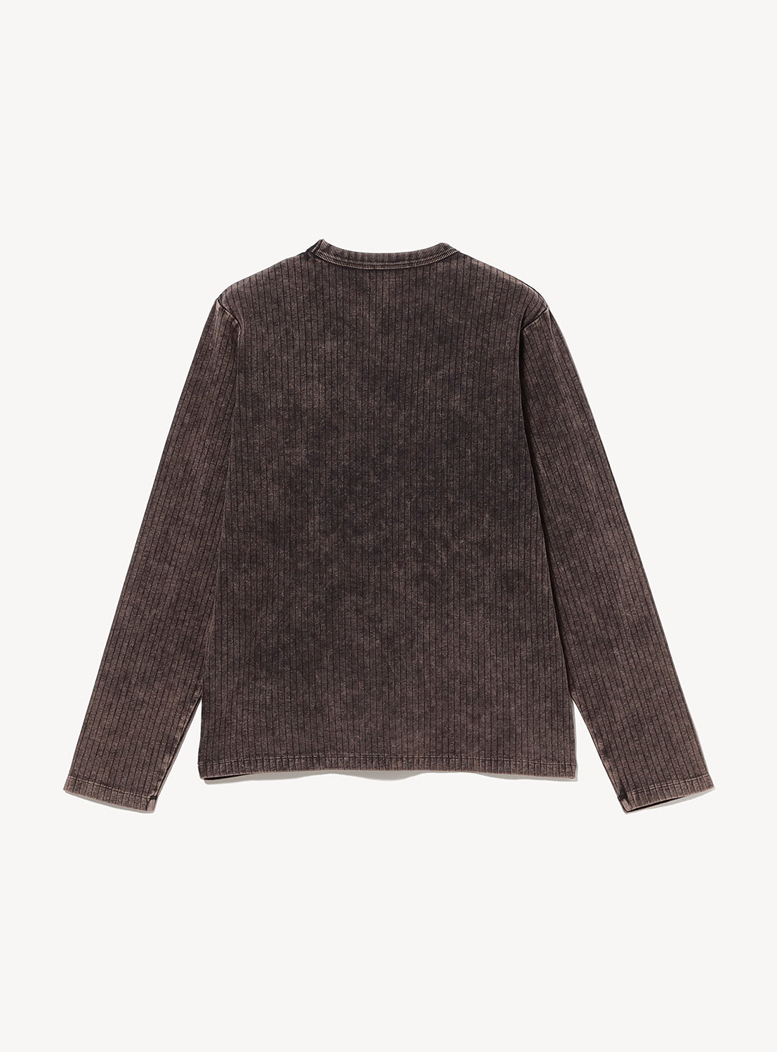 Back view of a BEAMS Vintage-Look Faded Stretch Rib T-Shirt in dark charcoal, featuring a long-sleeved, ribbed crew-neck design crafted from stretch pique rib fabric.