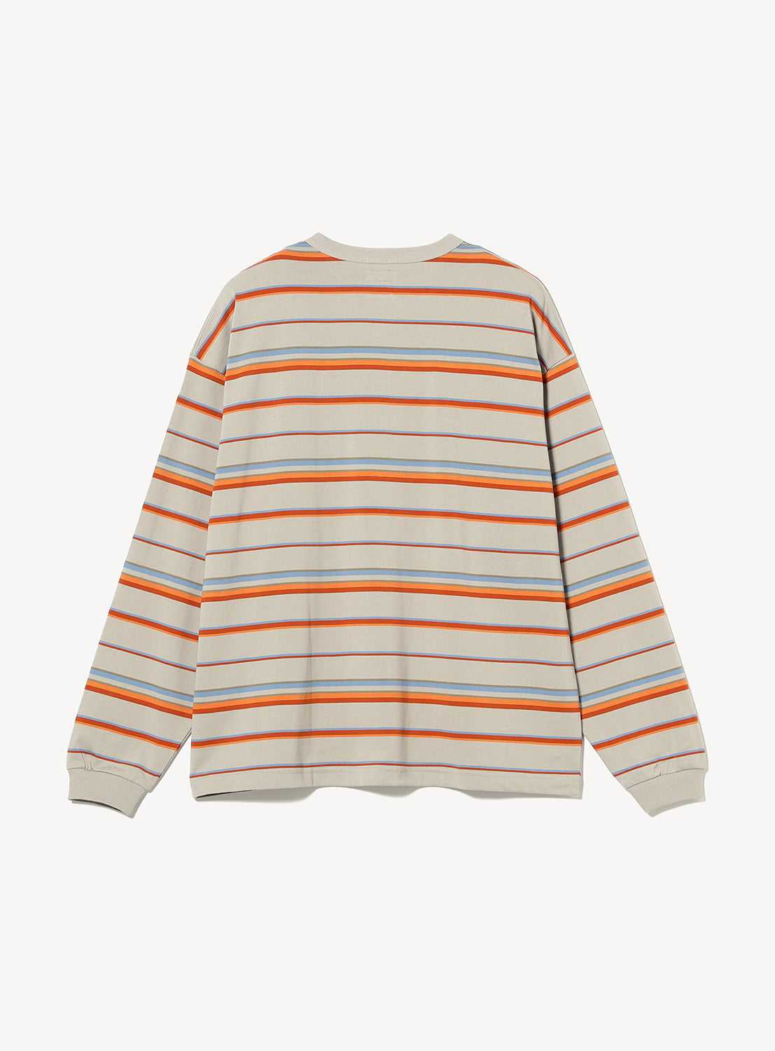 Back view of a BEAMS Loose Fit Border Long Sleeve T-Shirt in a beige, wide-fit style with horizontal orange and blue stripes.