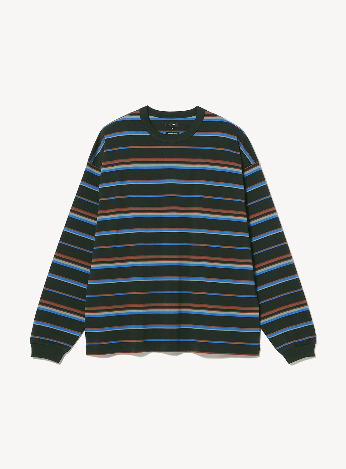 BEAMS Loose Fit Border Long Sleeve T-Shirt in a street-inspired wide fit with horizontal stripes in black, blue, and brown.